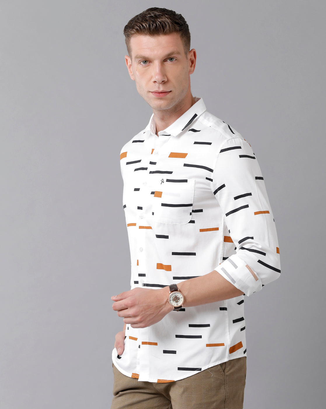 CP BRO Men's Cotton Printed Full Sleeve Slim Fit Polo Neck Multicolor Woven Shirt | Sbn2-13 A