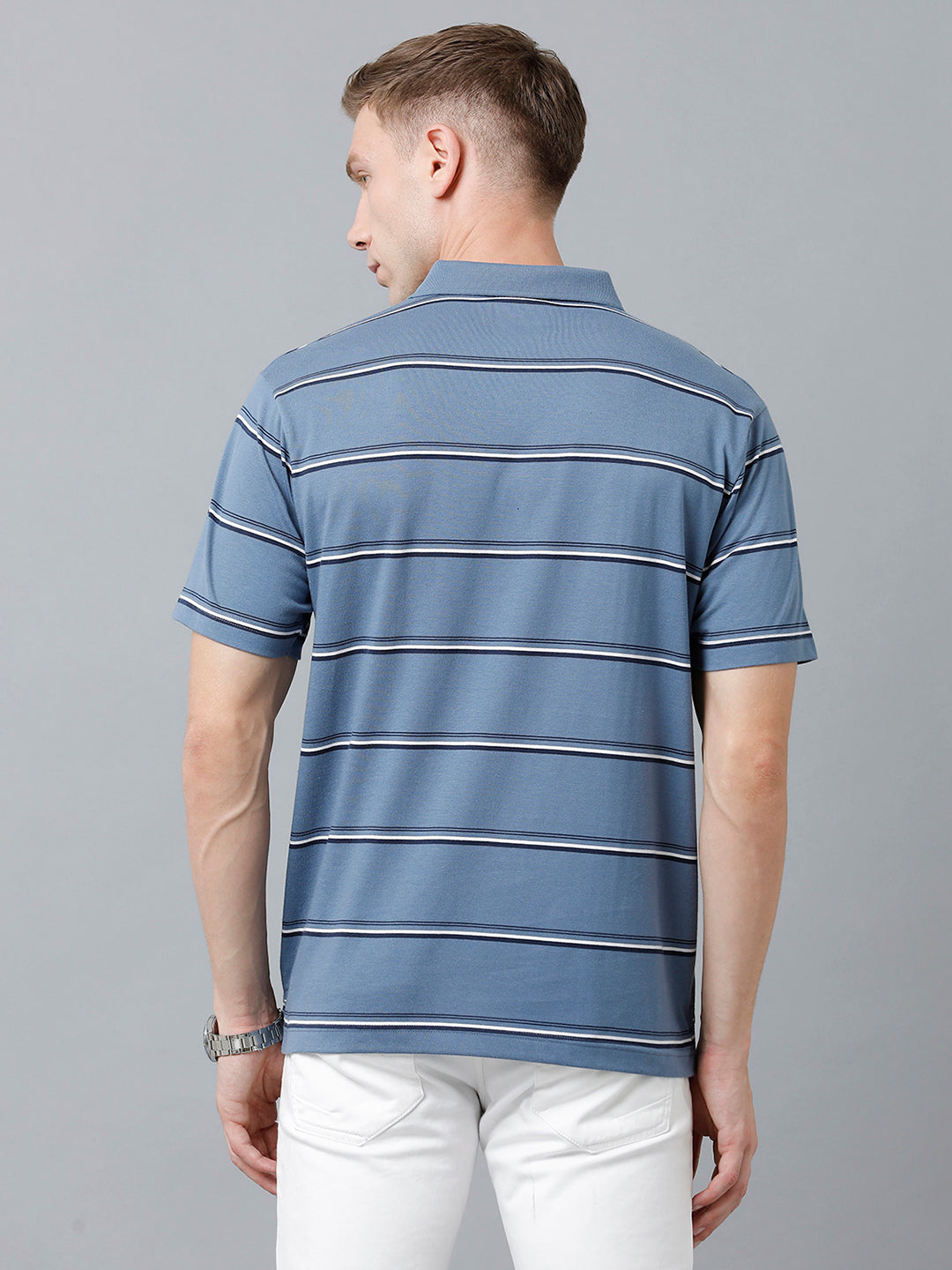 Classic Polo Men's Cotton Blend Half Sleeve Striped Authentic Fit Polo Neck Blue Color T-Shirt | Avon - 517 A