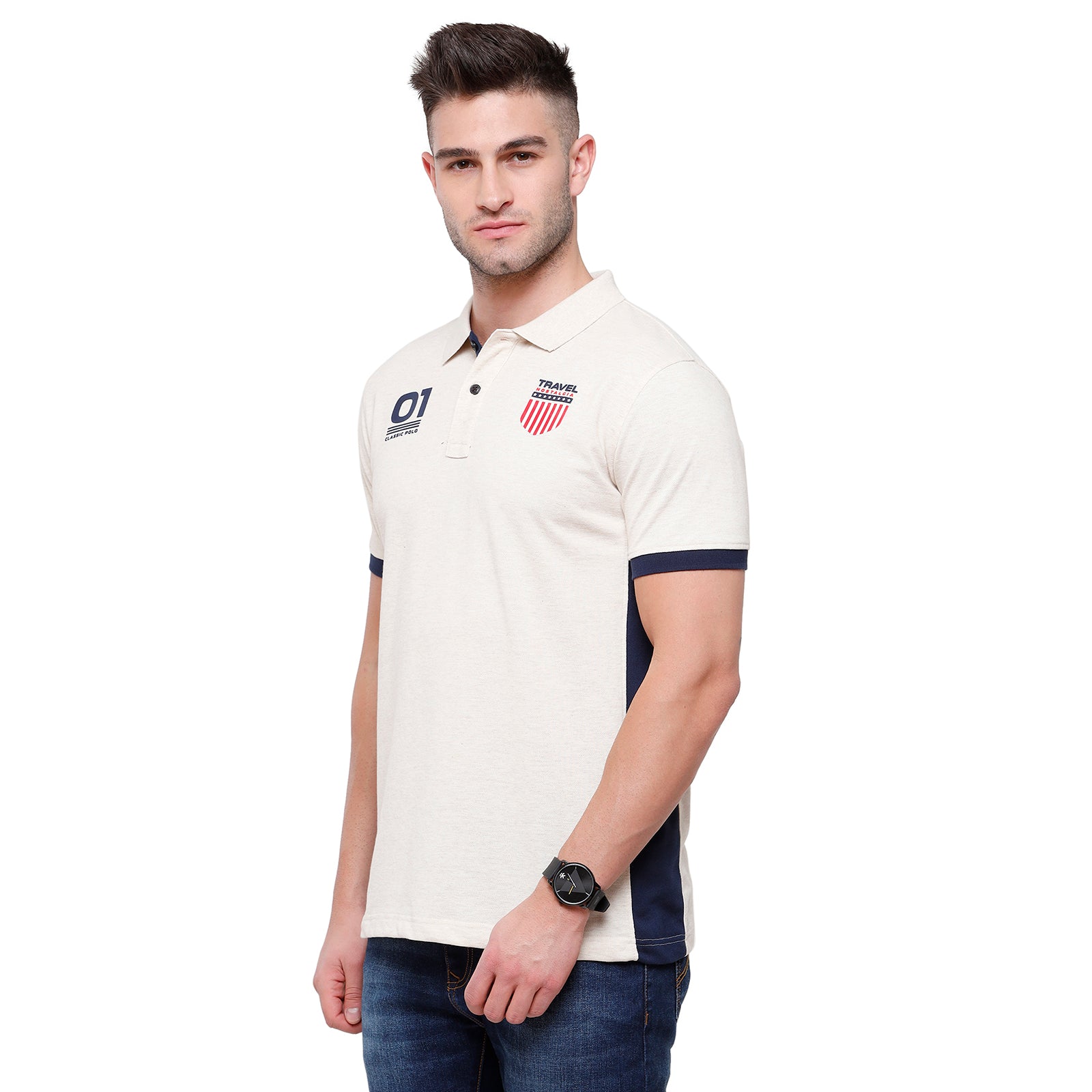 Classic Polo Mens Cotton Graphic Slim Fit Polo Neck White Colour T-Shirt - PRM 681B T-shirt Classic Polo 