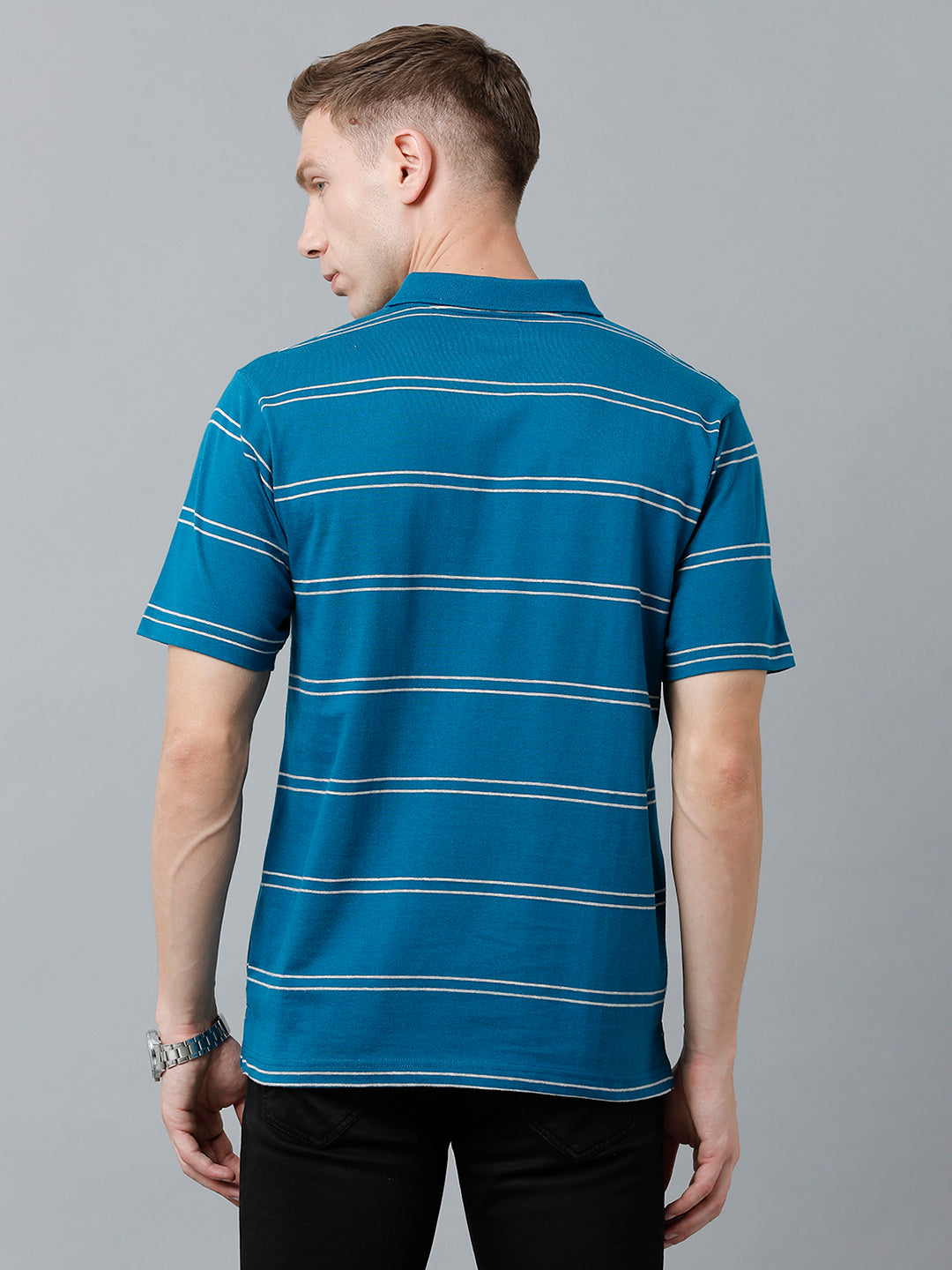 Classic Polo Men's Cotton Blend Half Sleeve Striped Authentic Fit Polo Neck Blue Color T-Shirt | Avon - 521 A