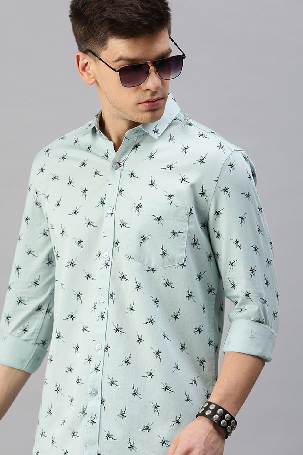 Classic Polo Men's Cotton Full Sleeve Printed Slim Fit Polo Neck Light Blue Color Woven Shirt | So1-13 B