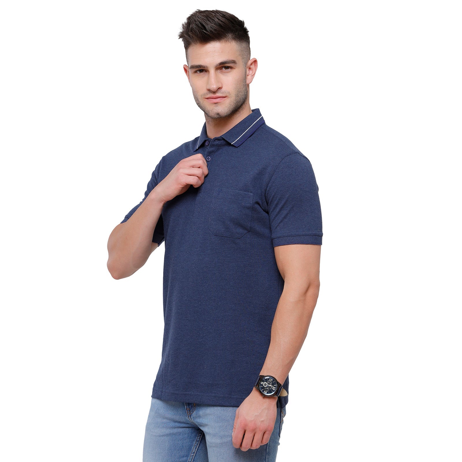 Classic polo Men's Denim Blue Melange Polo Half Sleeve Slim Fit T-Shirt - Toza-Denim Mel T-shirt Classic Polo 