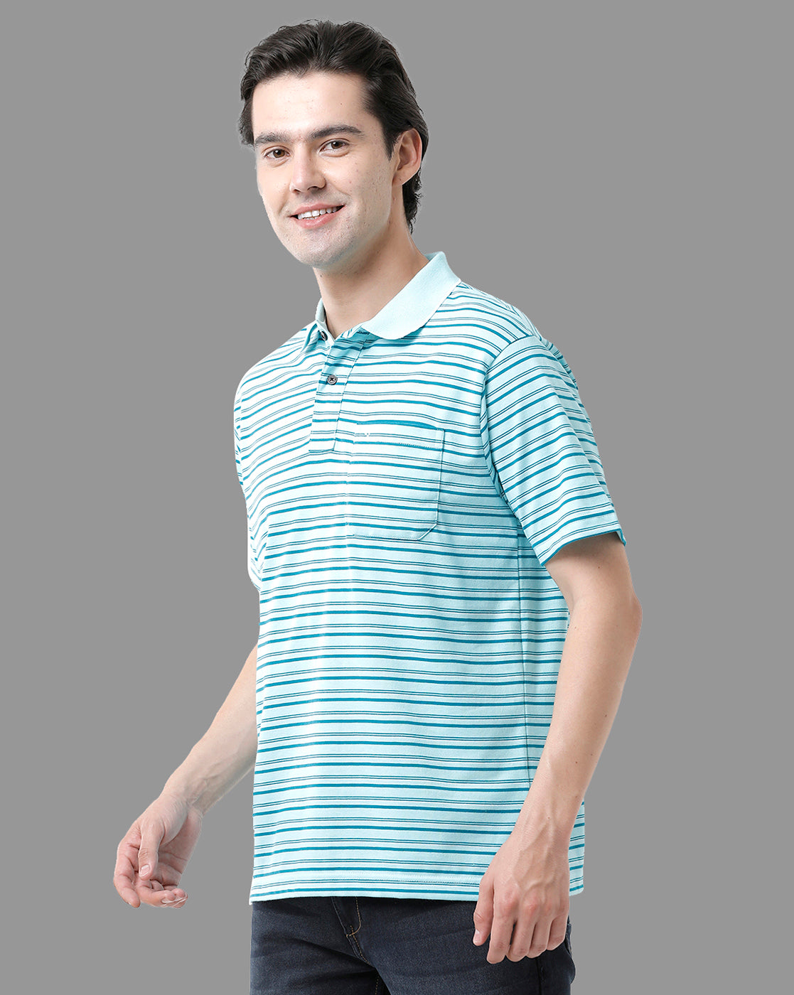 Classic Polo Mens Cotton Half Sleeve Striped Authentic Fit Polo Neck Sky Blue Color T-Shirt | Feeders - 207 A