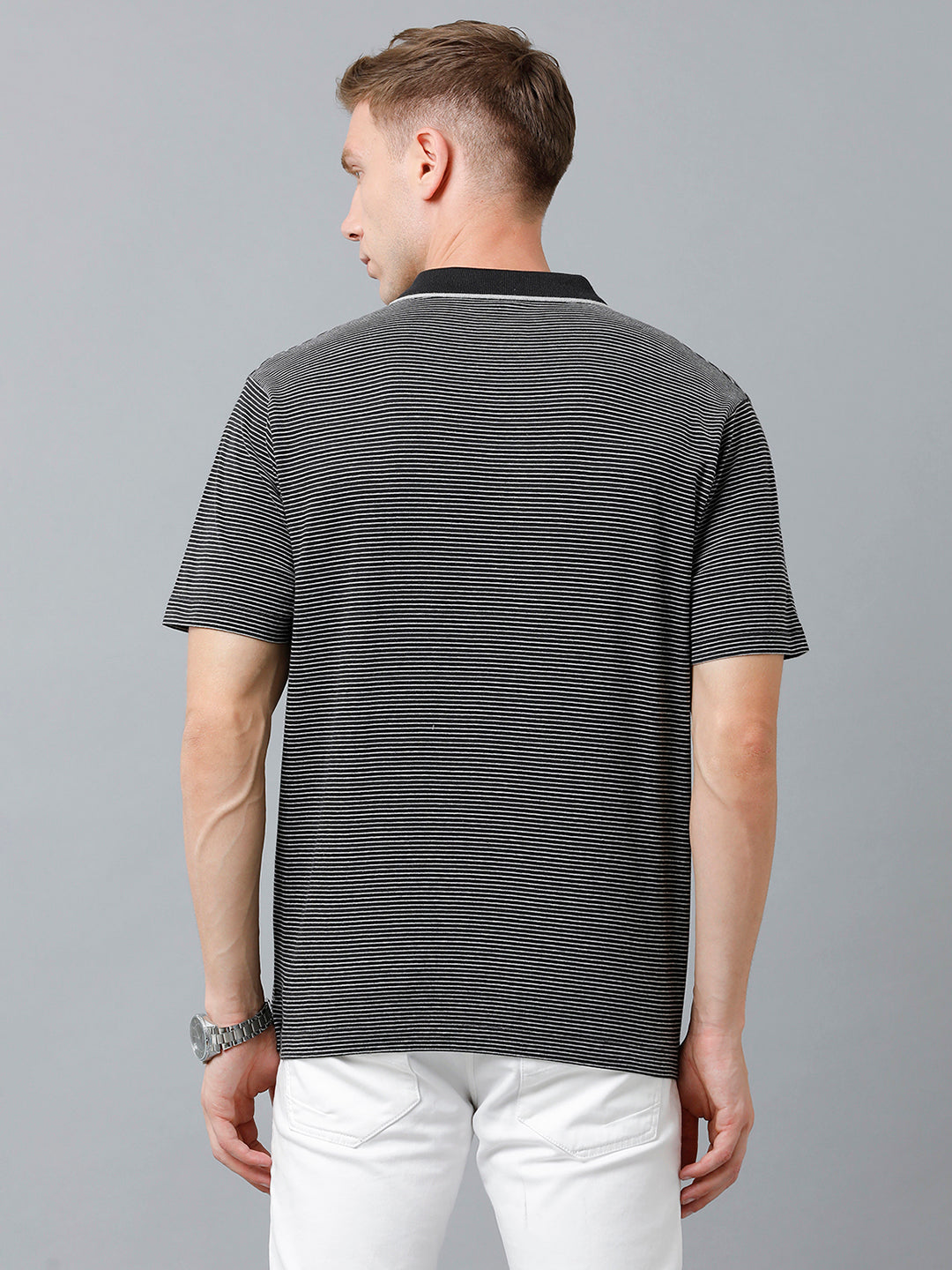 Classic Polo Men's Cotton Half Sleeve Striped Authentic Fit Polo Neck Black Color T-Shirt | Feeders - 222 B