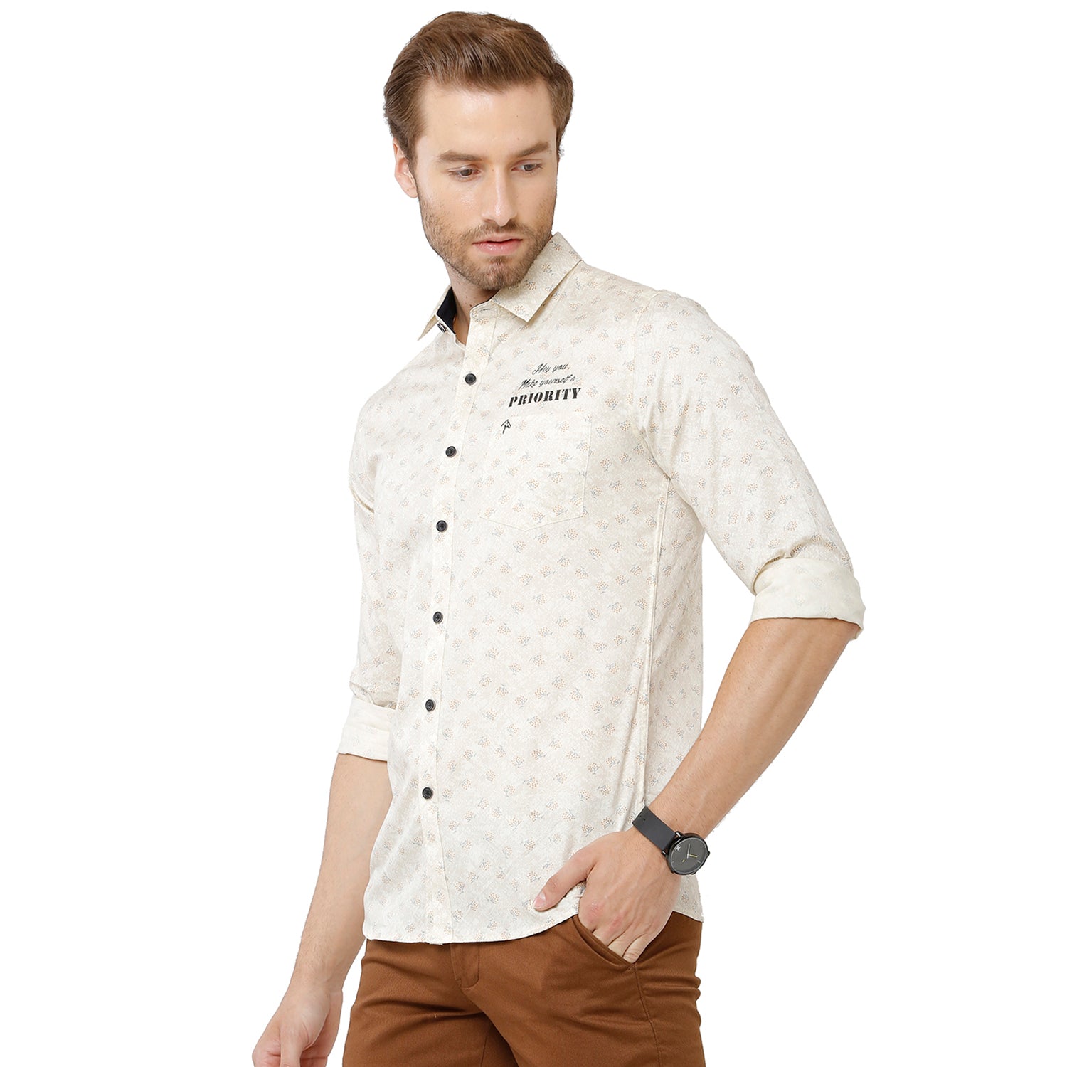 Classic Polo Bro Mens 100% Cotton Printed Full Sleeve Slim Fit Polo Neck White Color Woven Shirt (SBN1-30 A-FS-PRT-BSL) Classic Polo 