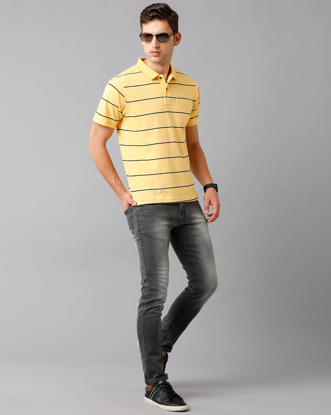 Classic Polo Mens Cotton Blend Striped Half Sleeve Authentic Fit Polo Neck Yellow Color T-Shirt | Avon 496 B