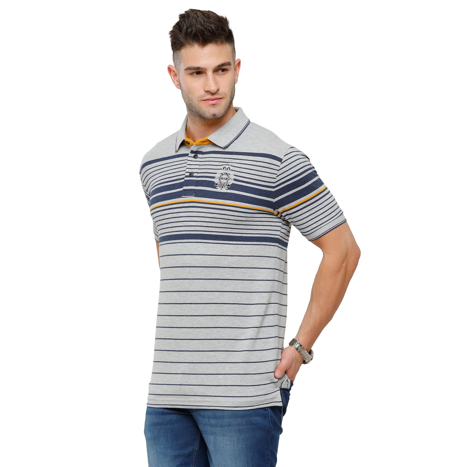 Classic Polo Mens Grey Stripped Half Sleeve Slim Fit Polo Neck T-Shirt - VTA 183B T-shirt Classic Polo 