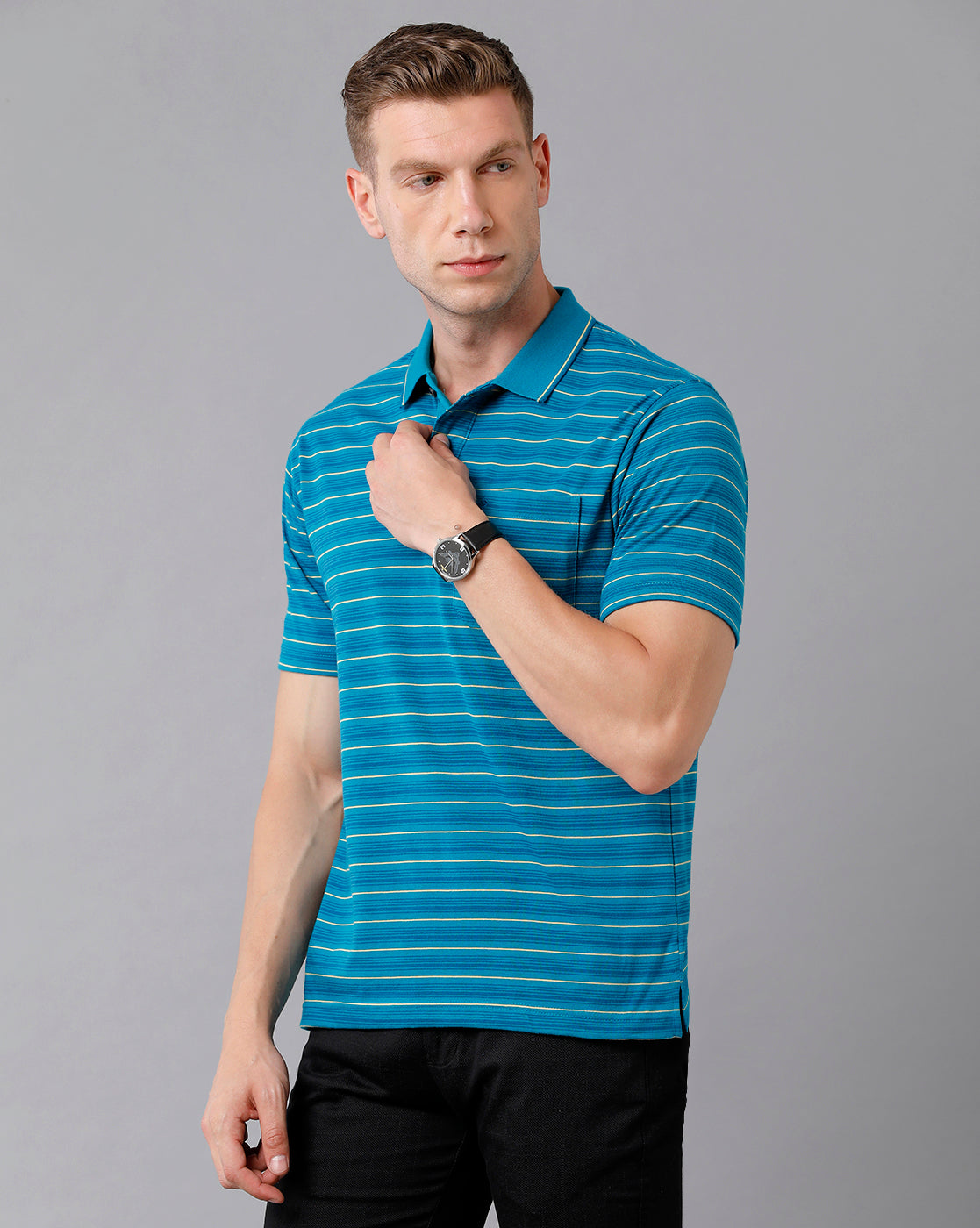 Classic Polo Men's Cotton Striped Half Sleeve Regular Fit Polo Neck Blue Color T-Shirt | Feeders - 206 A