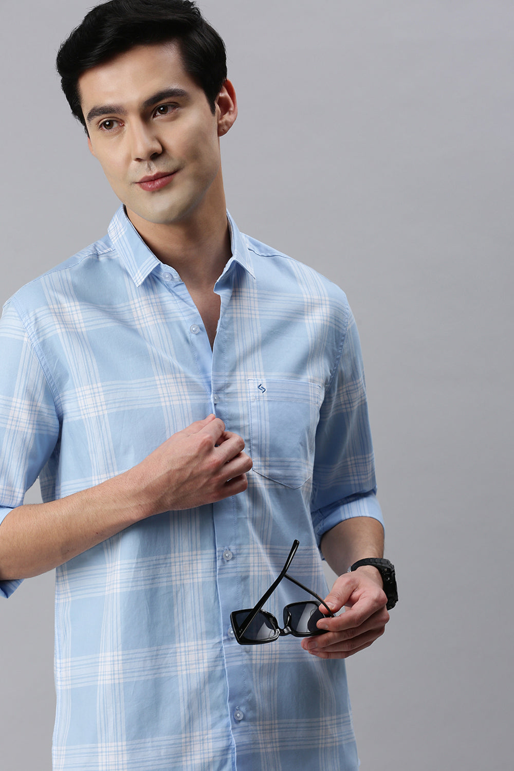 Classic Polo Men's Cotton Full Sleeve Checked Slim Fit Polo Neck Light Blue Color Woven Shirt | So1-46 A