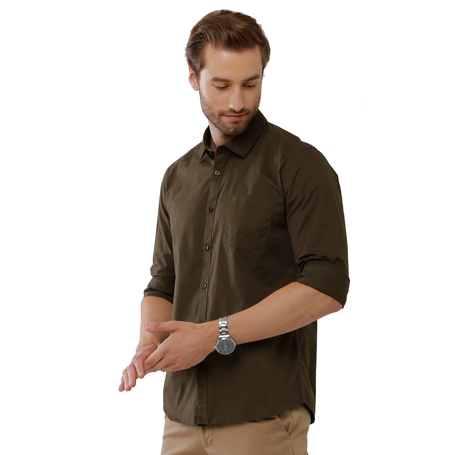 Classic Polo Mens 100% Cotton Full Sleeve Solid Slim Fit Green Color Woven Shirt -SN1 115 F Shirts Classic Polo 