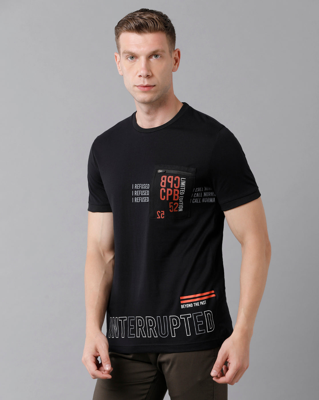 CP BRO Men's Cotton Printed Half Sleeve Slim Fit Round Neck Black Color T-Shirt | Brcn - 488 A