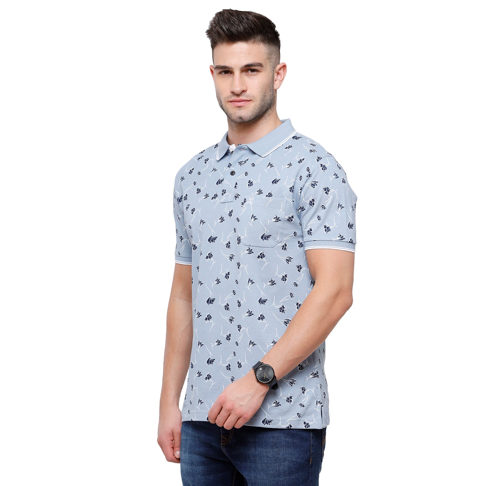 Classic Polo Mens Printed Slim Fit Polo Neck Blue Colour T-Shirt - Beau 163B T-shirt Classic Polo 