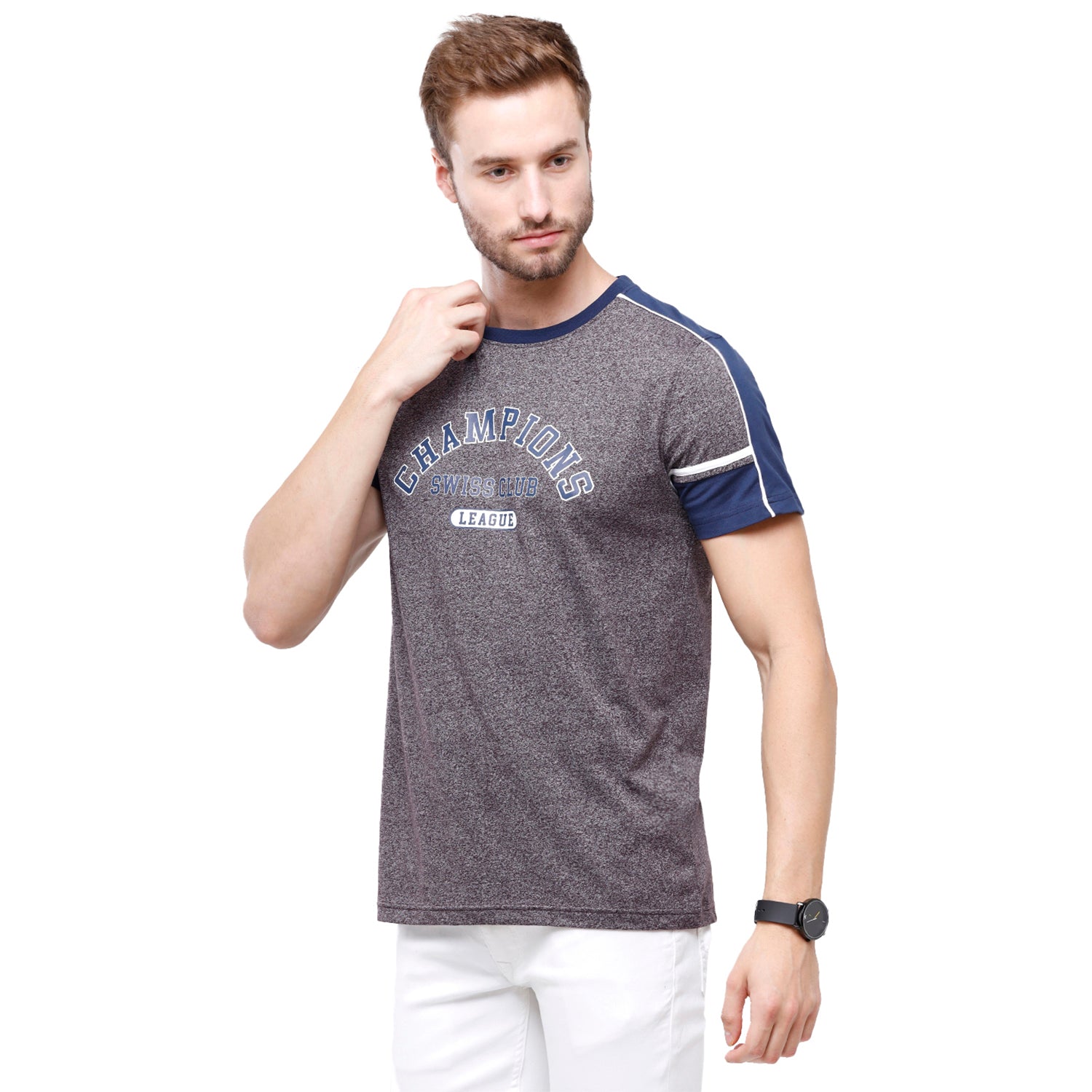 Swiss Club Mens Grey Chest Print Slim Fit Sporty Half Sleeve Round Neck T-Shirt (CUB - 48 A SF C) T-shirt Swiss Club 