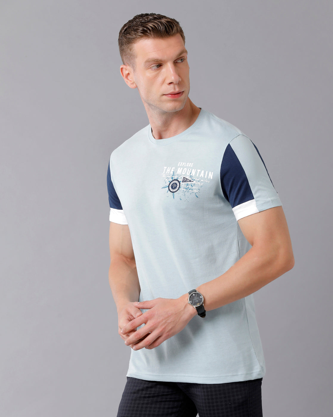 CP BRO Men's Cotton Color Block Half Sleeve Slim Fit Round Neck Sky Blue Color T-Shirt | Brcn - 491 A