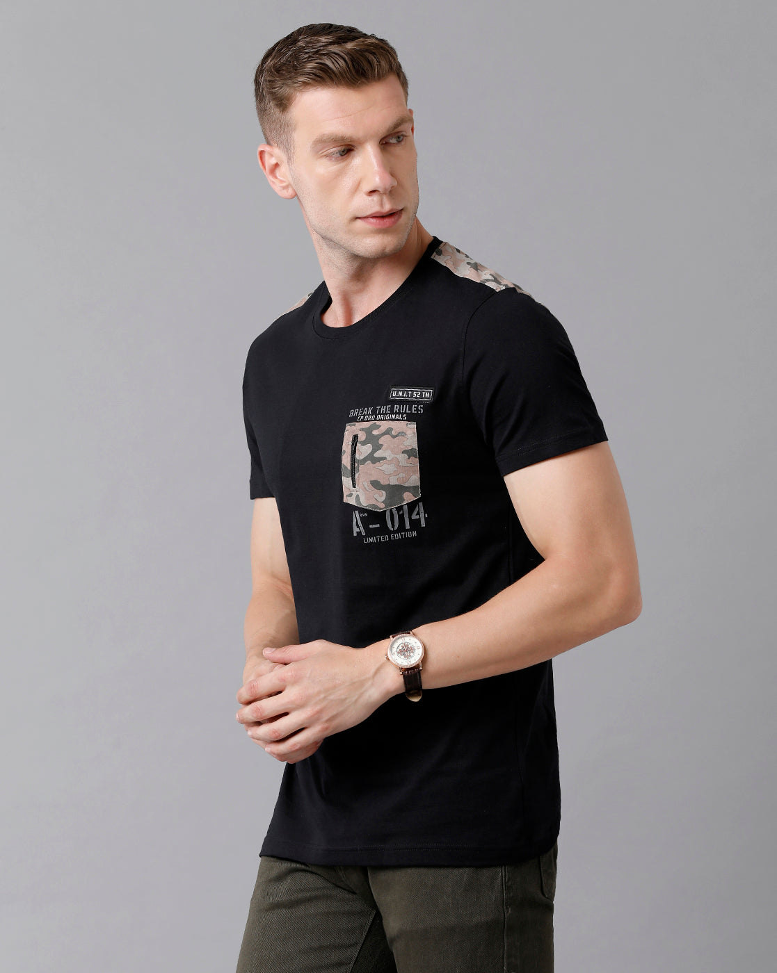 CP BRO Men's Cotton Color Block Half Sleeve Slim Fit Round Neck Black Color T-Shirt | Brcn - 490 B