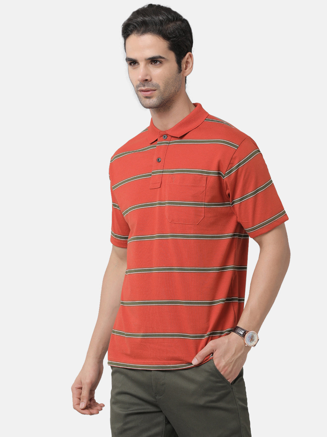 Classic Polo Mens Cotton Blend Striped Authentic Fit Polo Neck Red Color T-Shirt | Avon 482b
