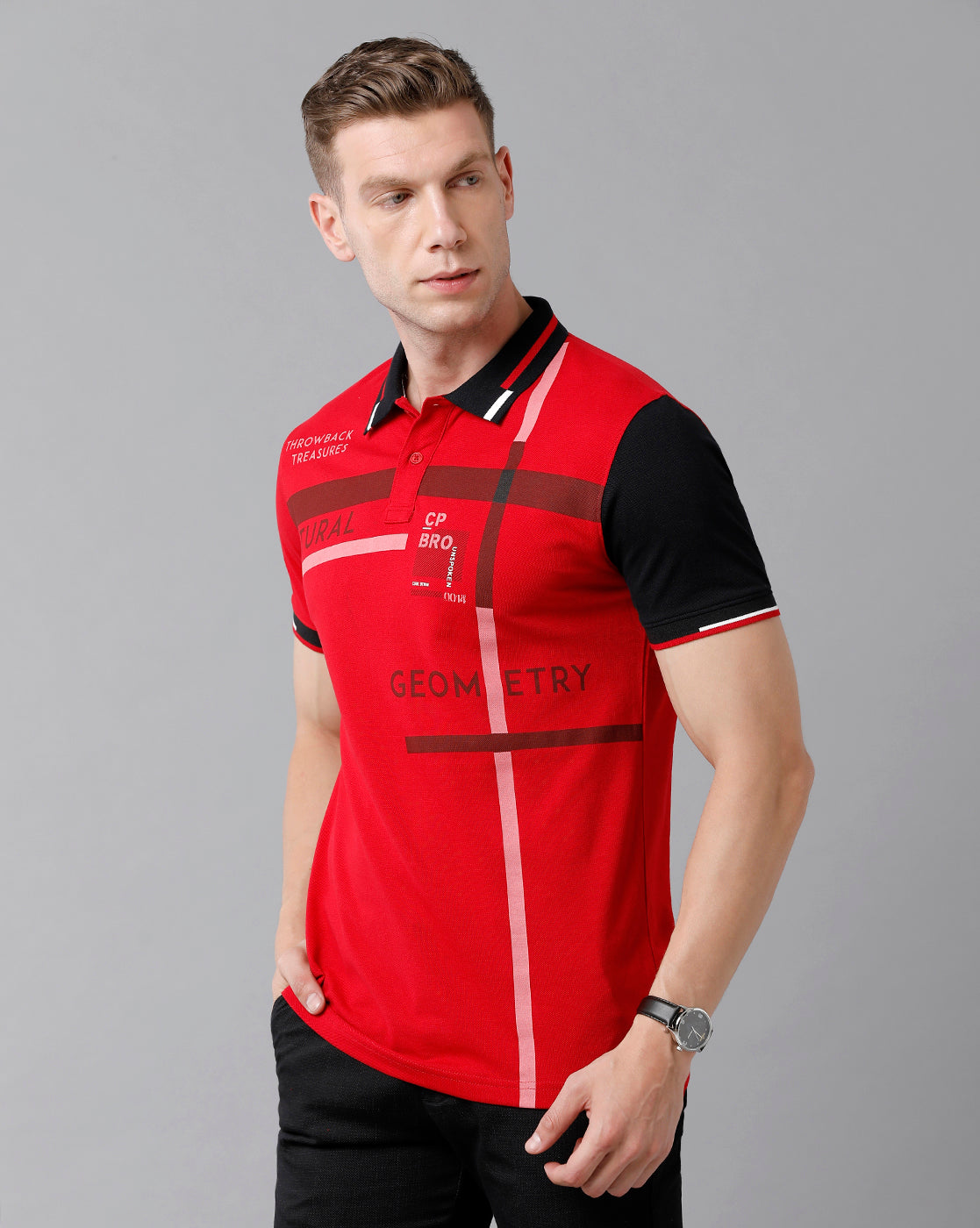 CP BRO Men's Cotton Color Block Half Sleeve Slim Fit Polo Neck Red Color T-Shirt | Brp - 336 A