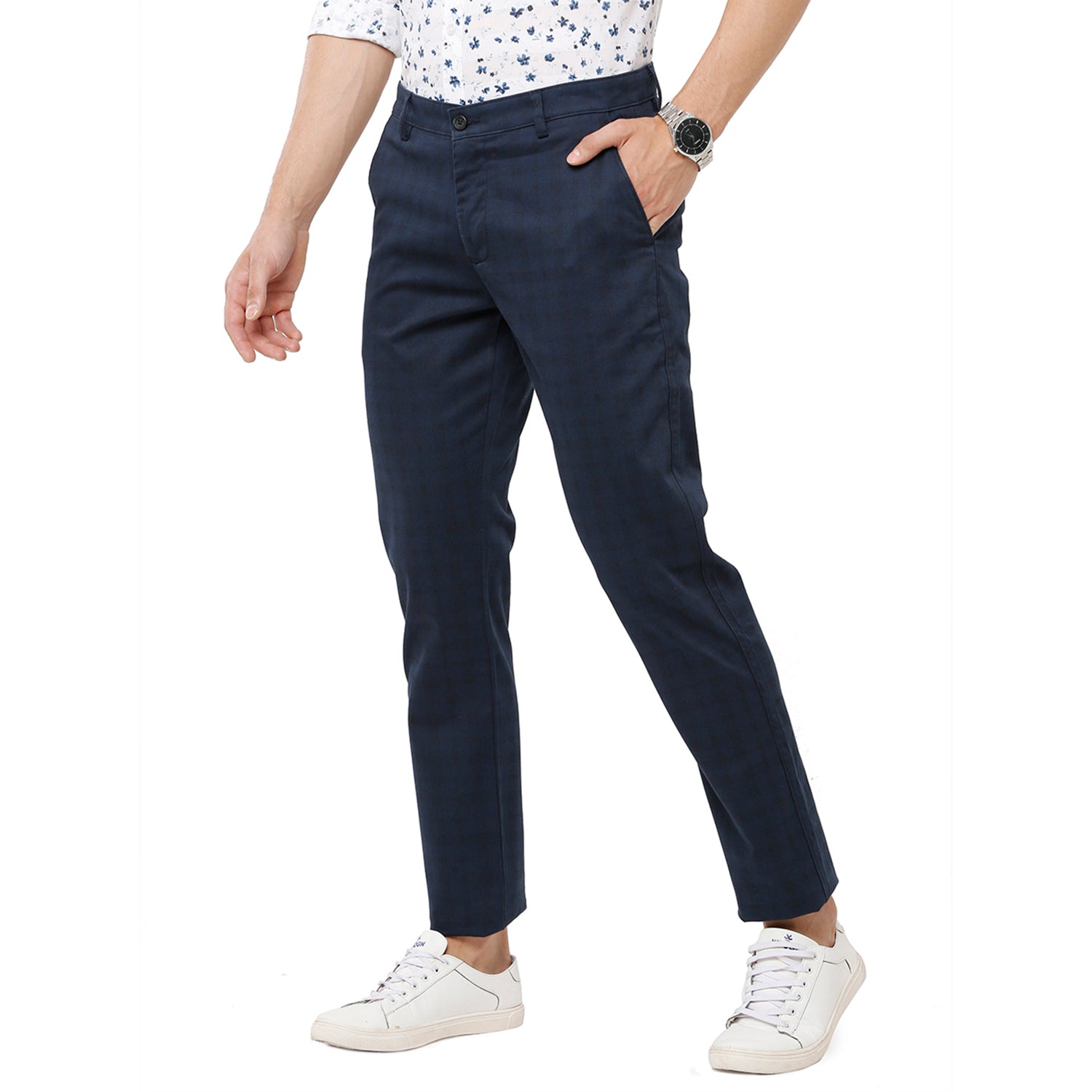 Classic Polo Mens 100% Cotton Checked Moderate Fit Navy Color Trousers - TN1-05 B-NAV classic polo trousers Classic Polo 