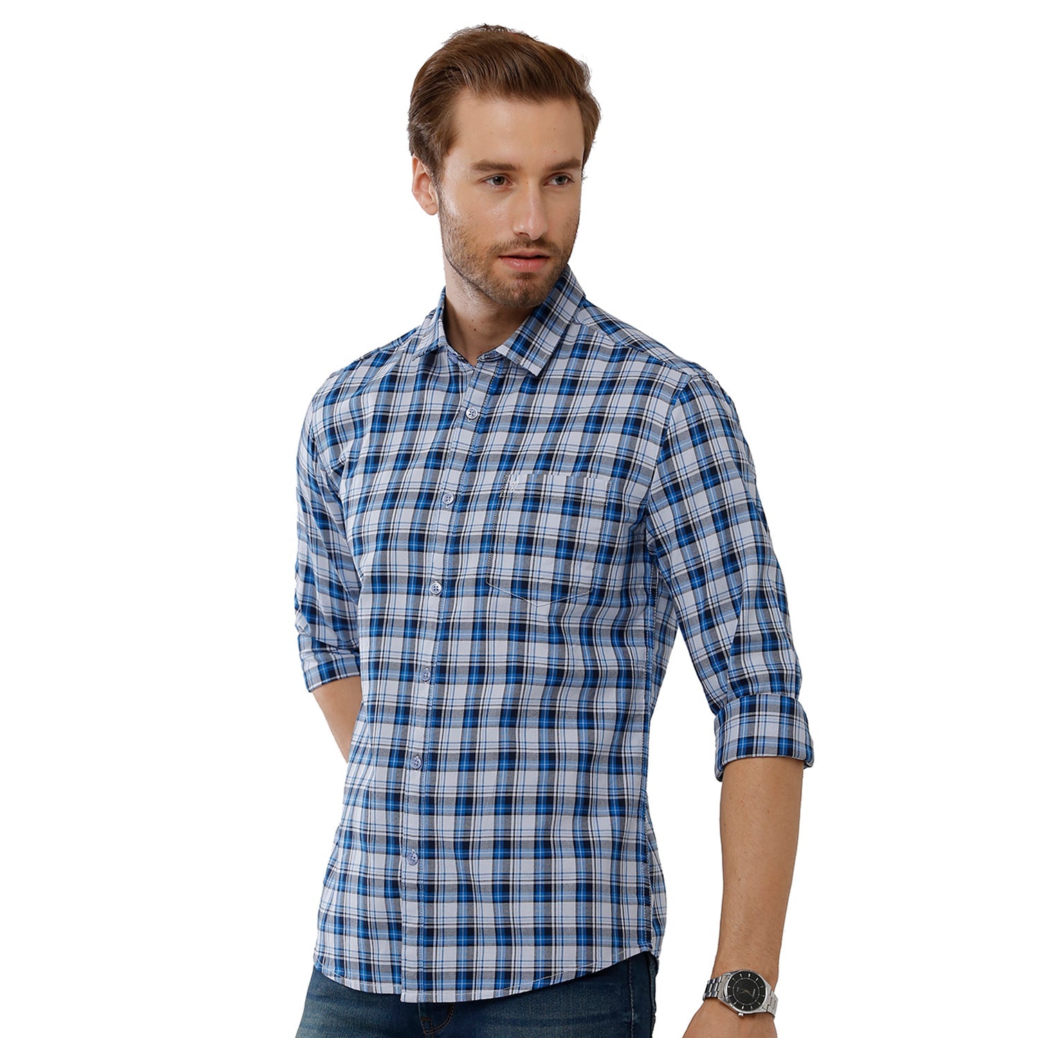 Classic Polo Mens 100% Cotton Full Sleeve Checked Slim Fit Blue Woven Shirt -SN1 116 A Shirts Classic Polo 