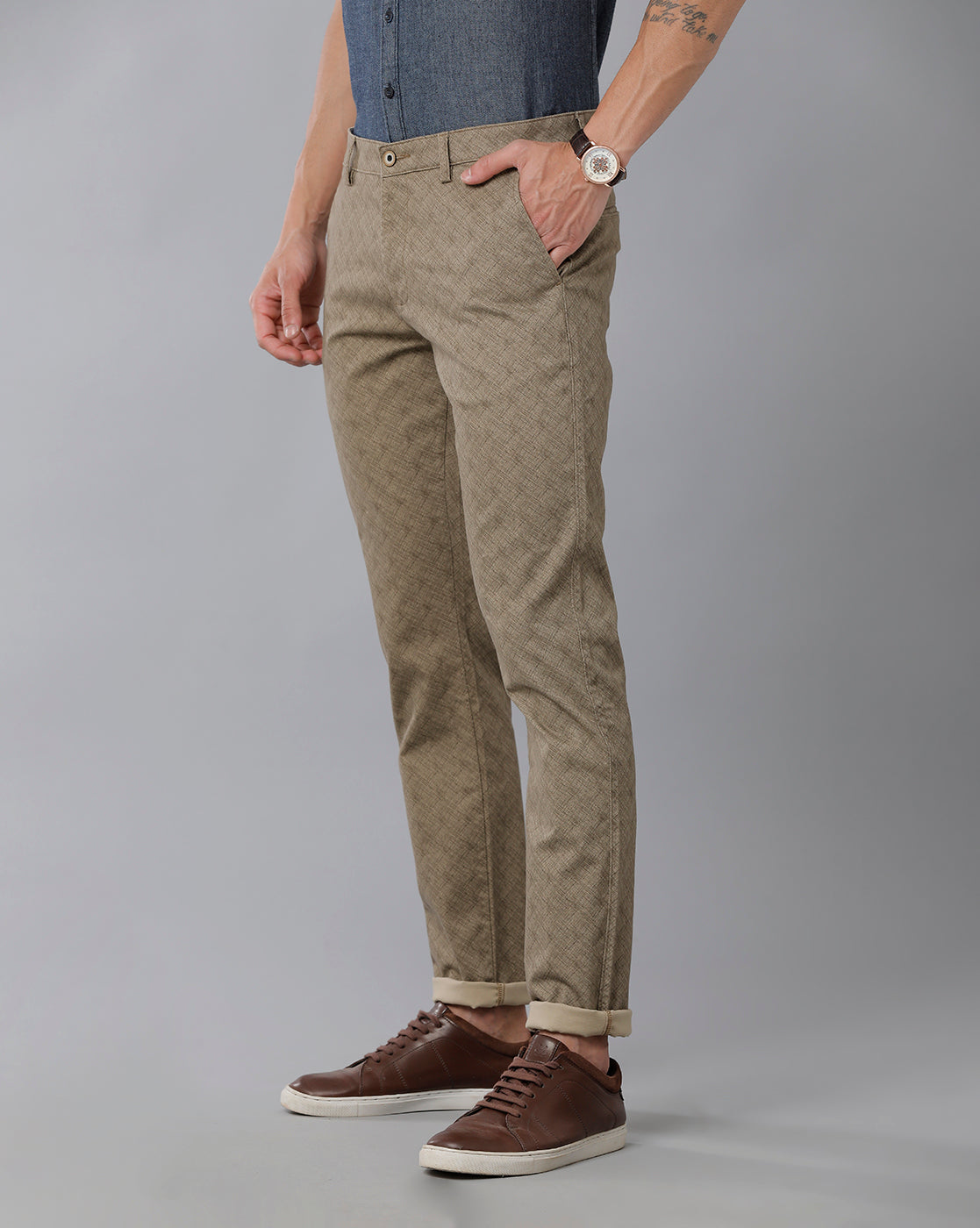 Classic Polo Men's 100% Cotton Moderate Fit Textured Khaki Color Trouser | TO1-35 A-KHA