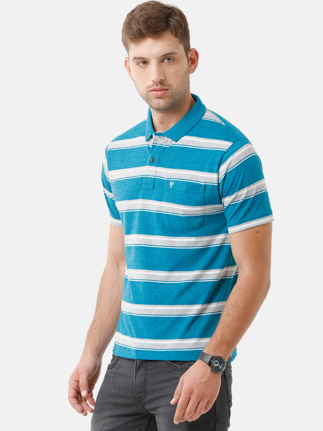 Classic Polo Mens Cotton Striped Half Sleeve Authentic Fit Polo Neck Blue Color T-Shirt | M.Flash 21