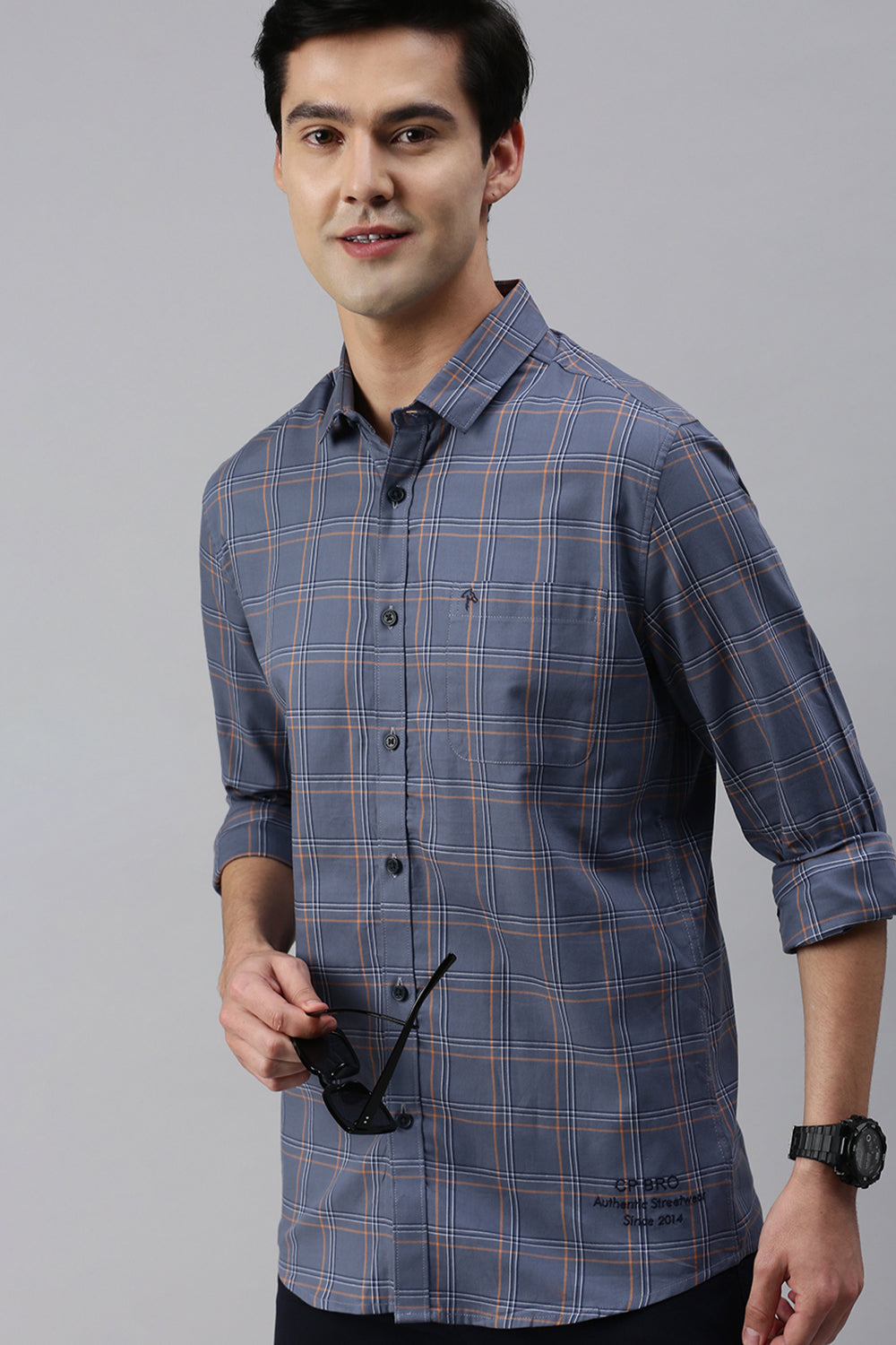 CP BRO Men's Cotton Full Sleeve Checked Slim Fit Polo Neck Blue Color Woven Shirt | Sbo1-27 B