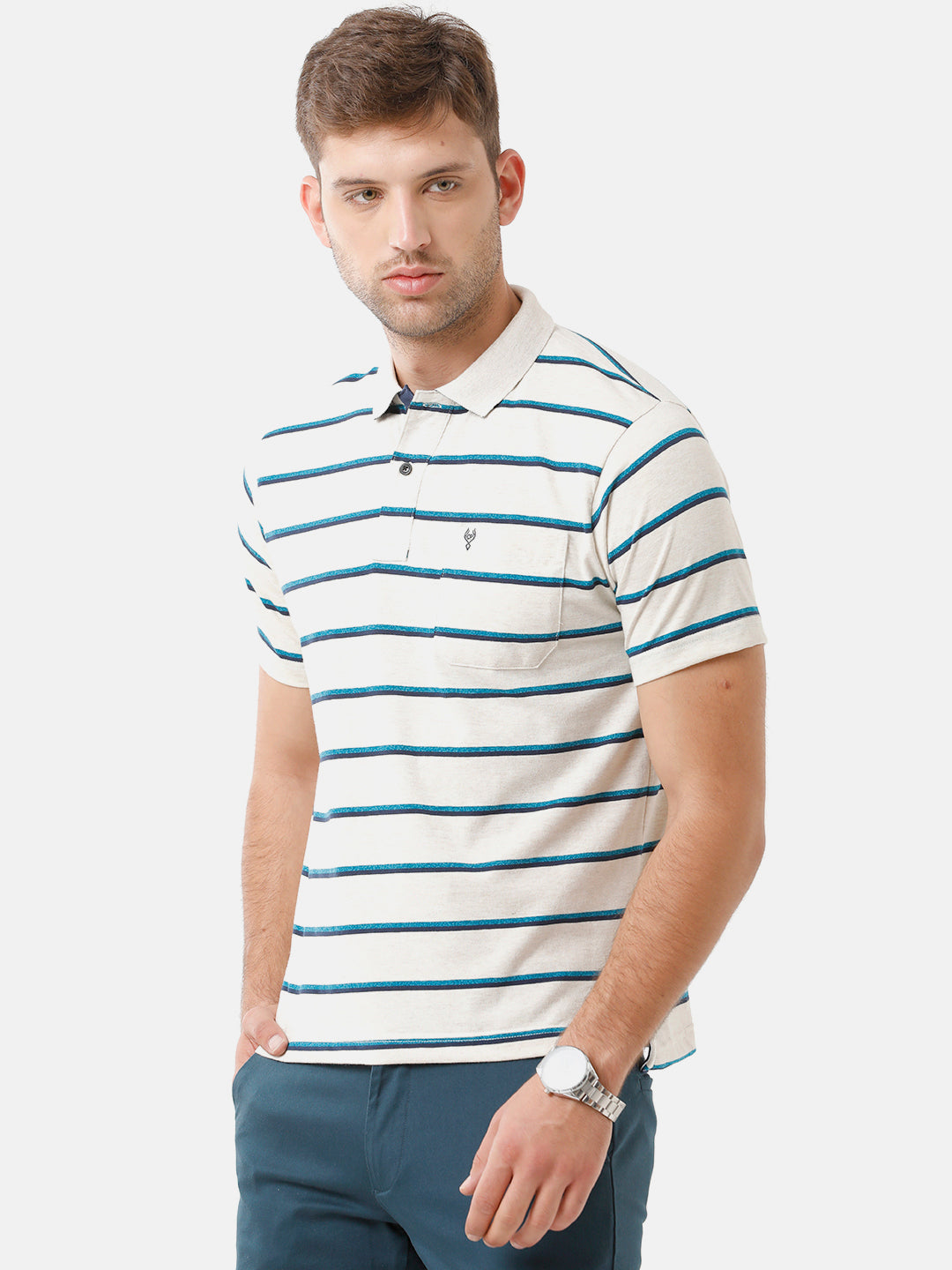 Classic Polo Mens Cotton Striped Half Sleeve Authentic Fit Polo Neck White Color T-Shirt | M.Flash 16