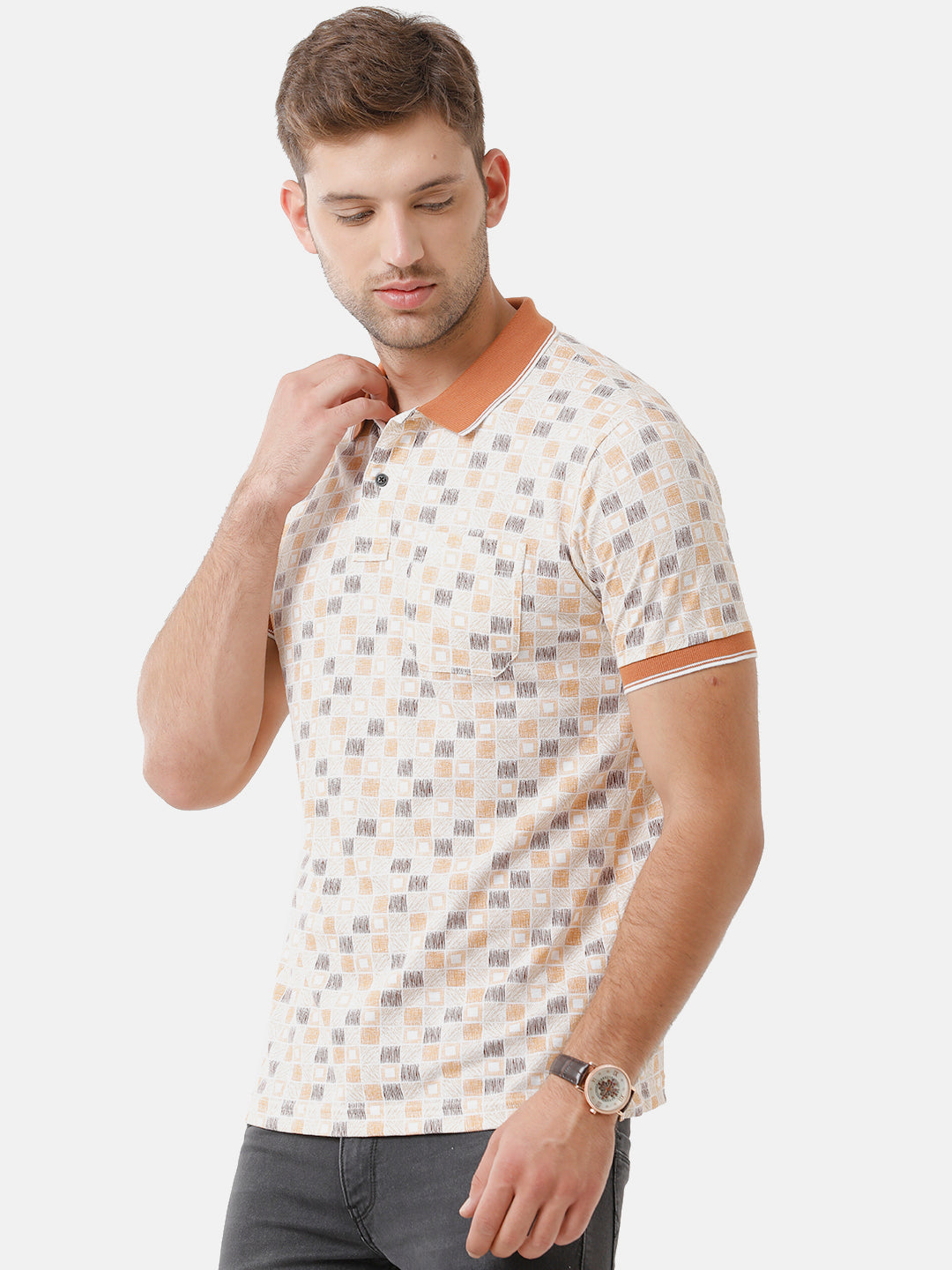 Classic Polo Mens Cotton Printed Half Sleeve Slim Fit Polo Neck Beige Color T-Shirt | Beau 173 A