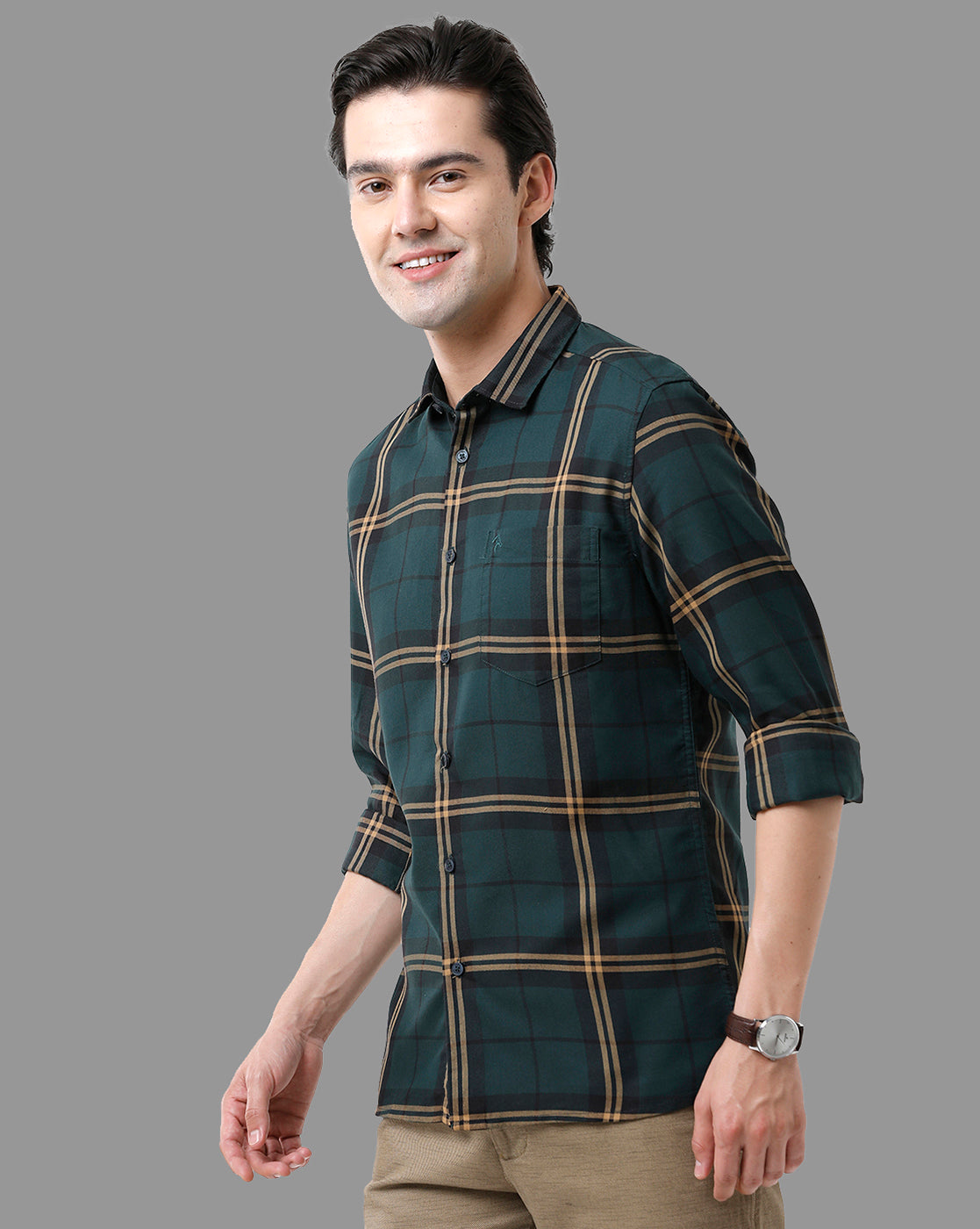 CP BRO Men's Cotton Full Sleeve Checked Slim Fit Polo Neck Green Color Woven Shirt | Sbn2-75 A