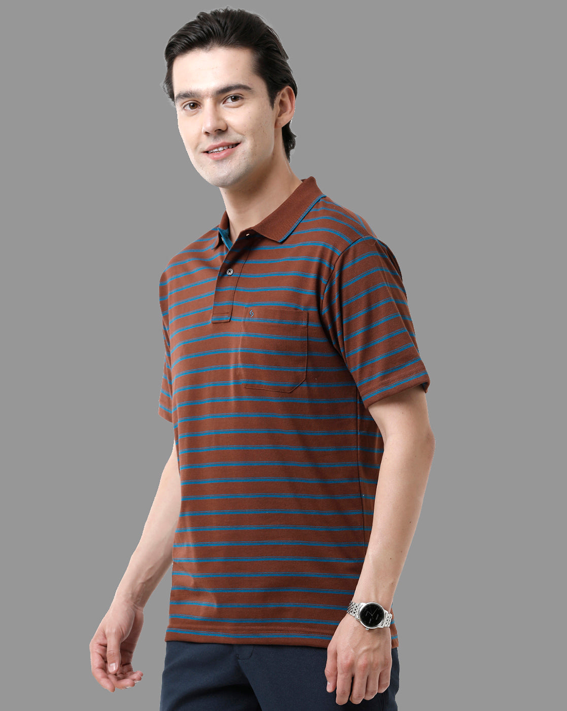 Classic Polo Mens Cotton Half Sleeve Striped Authentic Fit Polo Neck Brown Color T-Shirt | Feeders - 208 A