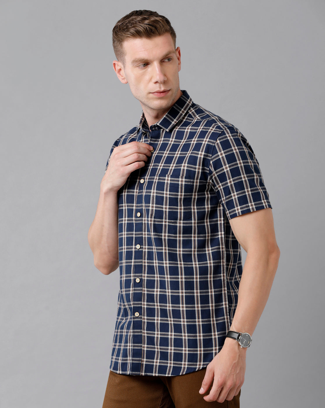 Classic Polo Men's Cotton Checked Half Sleeve Slim Fit Polo Neck Blue Color Woven Shirt | Sn2-116 B