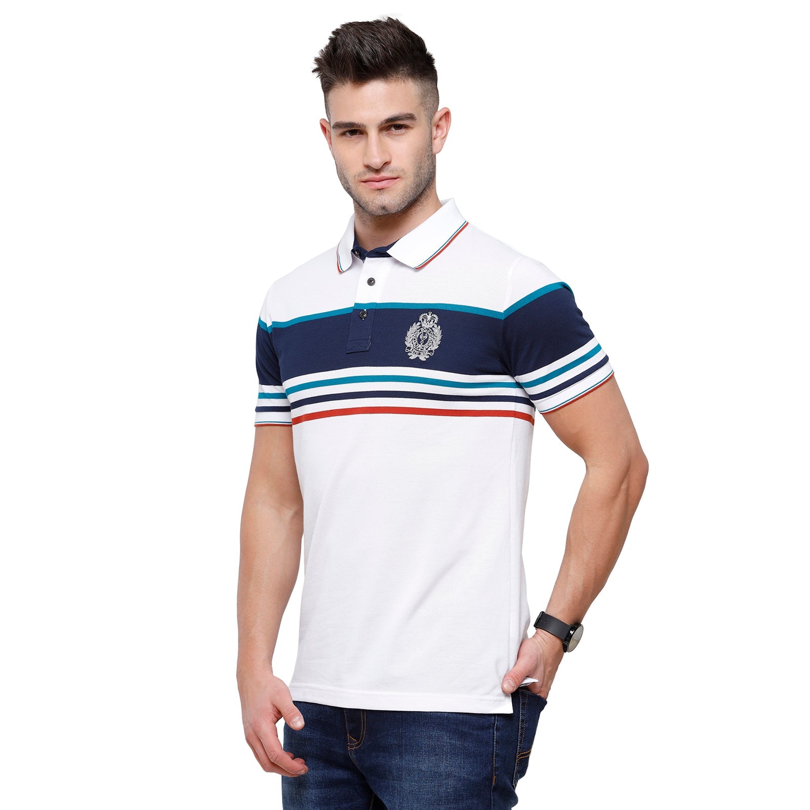 Classic Polo Mens White Stripped Half Sleeve Slim Fit Polo Neck T-Shirt - Vta -185 B T-shirt Classic Polo 
