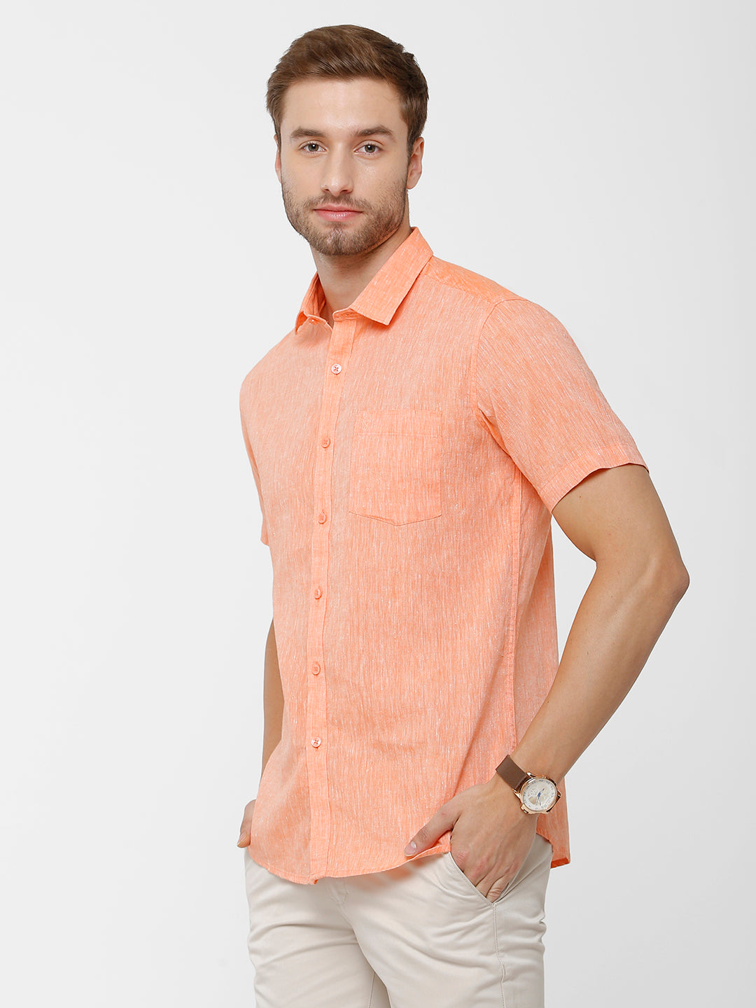Classic Polo Mens Linen Cotton Solid Woven Shirt - Porsh-Orange HS