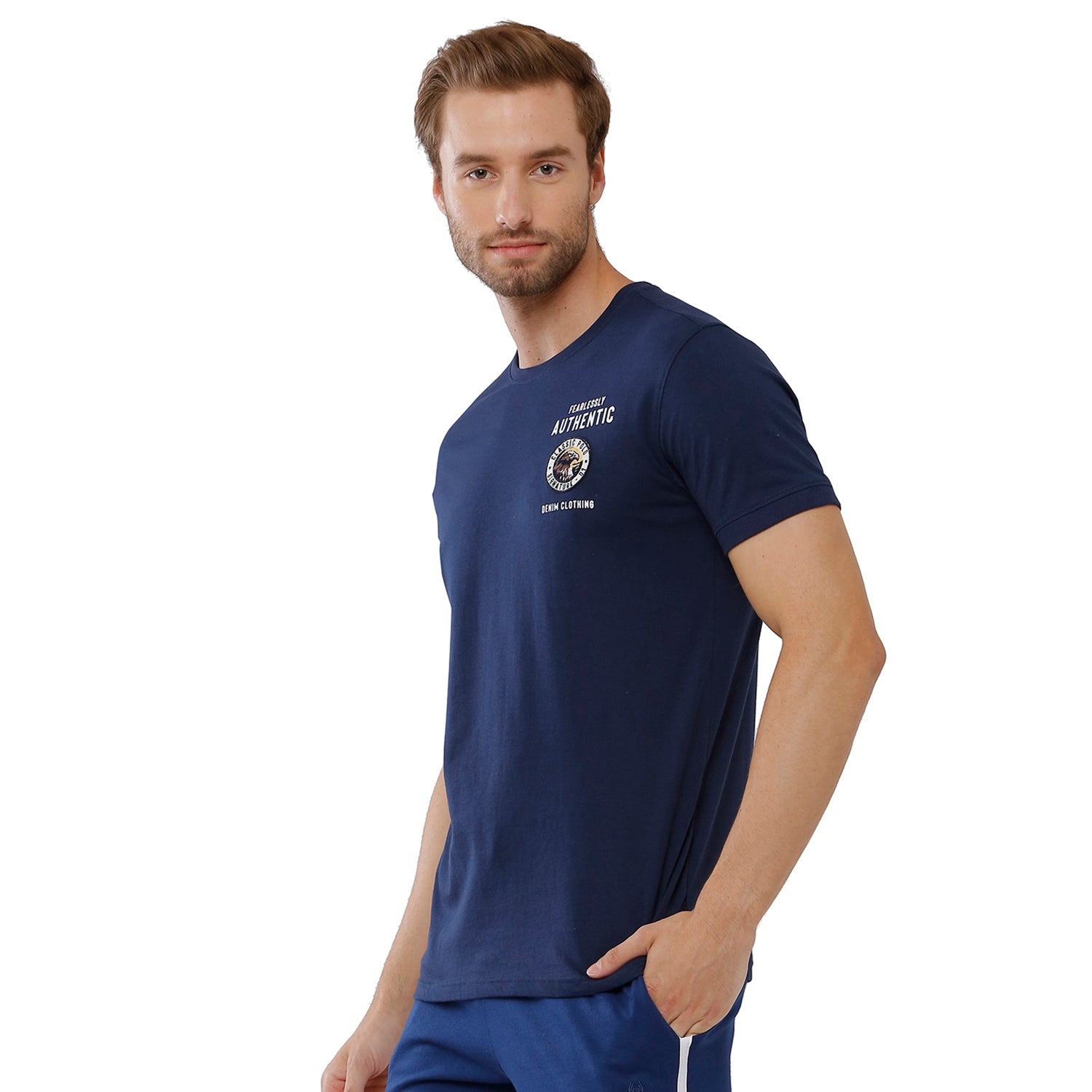 Classic Polo Mens Cotton Slim Fit Crew Neck Blue Color T-Shirt - Baleno 407 A T-shirt Classic Polo 