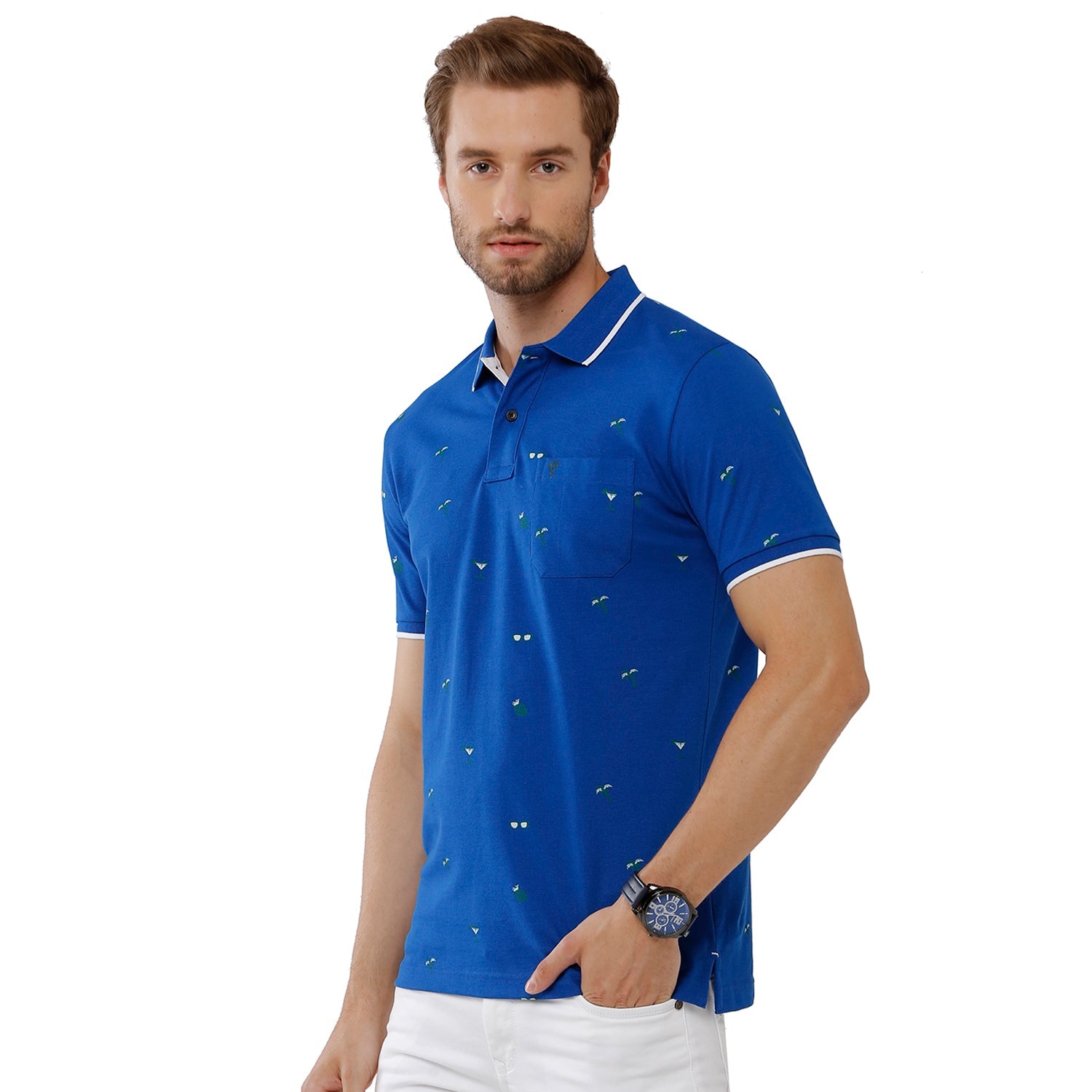Classic Polo Mens 100% Cotton Printed Slim Fit Dark Blue Color Polo Neck T-Shirt -BEAU 168 B T-shirt Classic Polo 