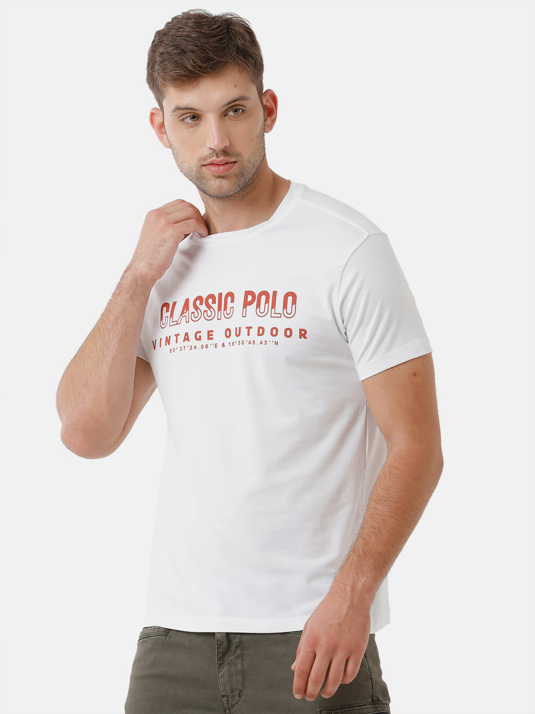 Classic Polo Mens Cotton Printed Half Sleeve Slim Fit Round Neck White Color T-Shirt | Baleno 490