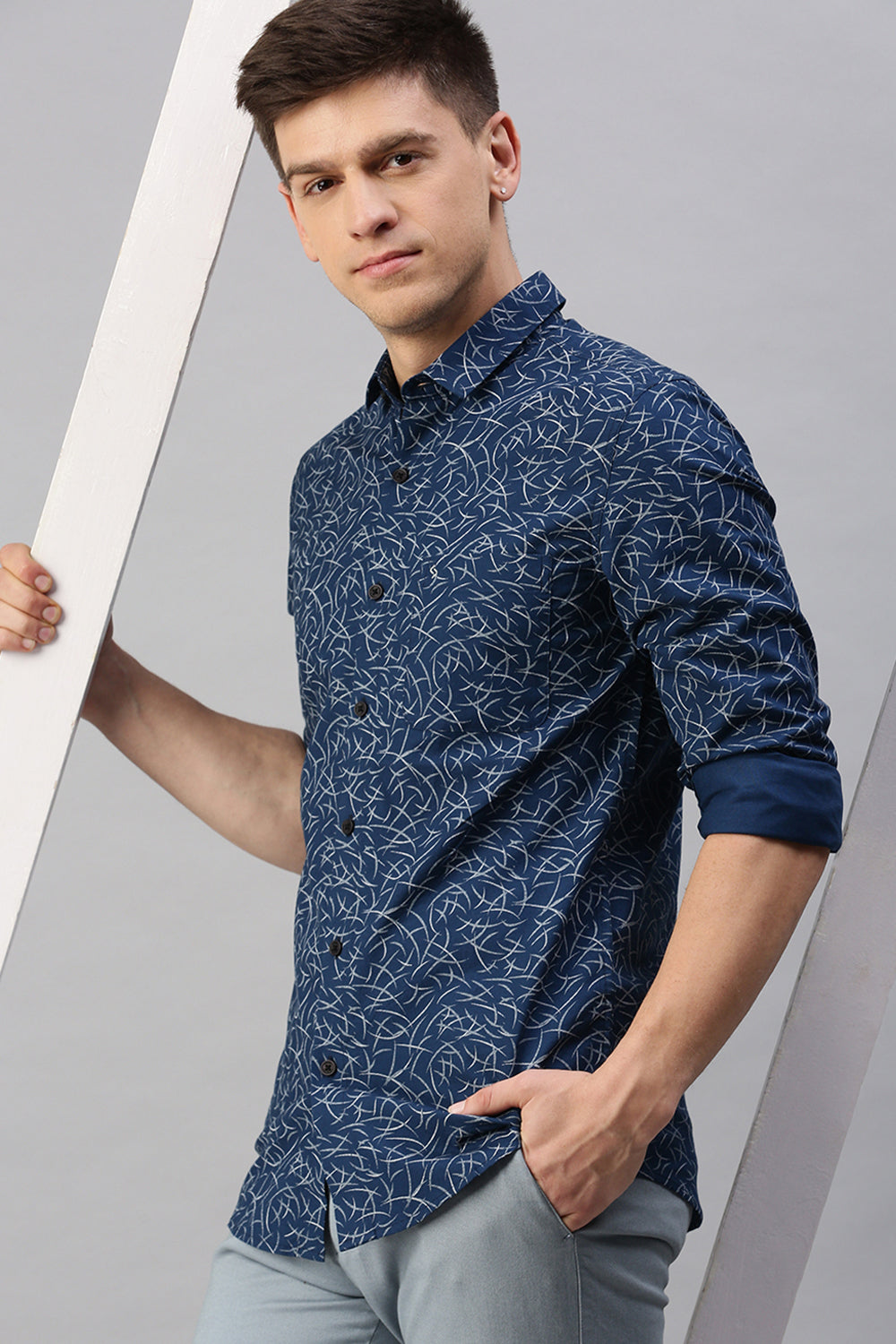 Classic Polo Men's Cotton Full Sleeve Printed Slim Fit Polo Neck Navy Color Woven Shirt | So1-01 A