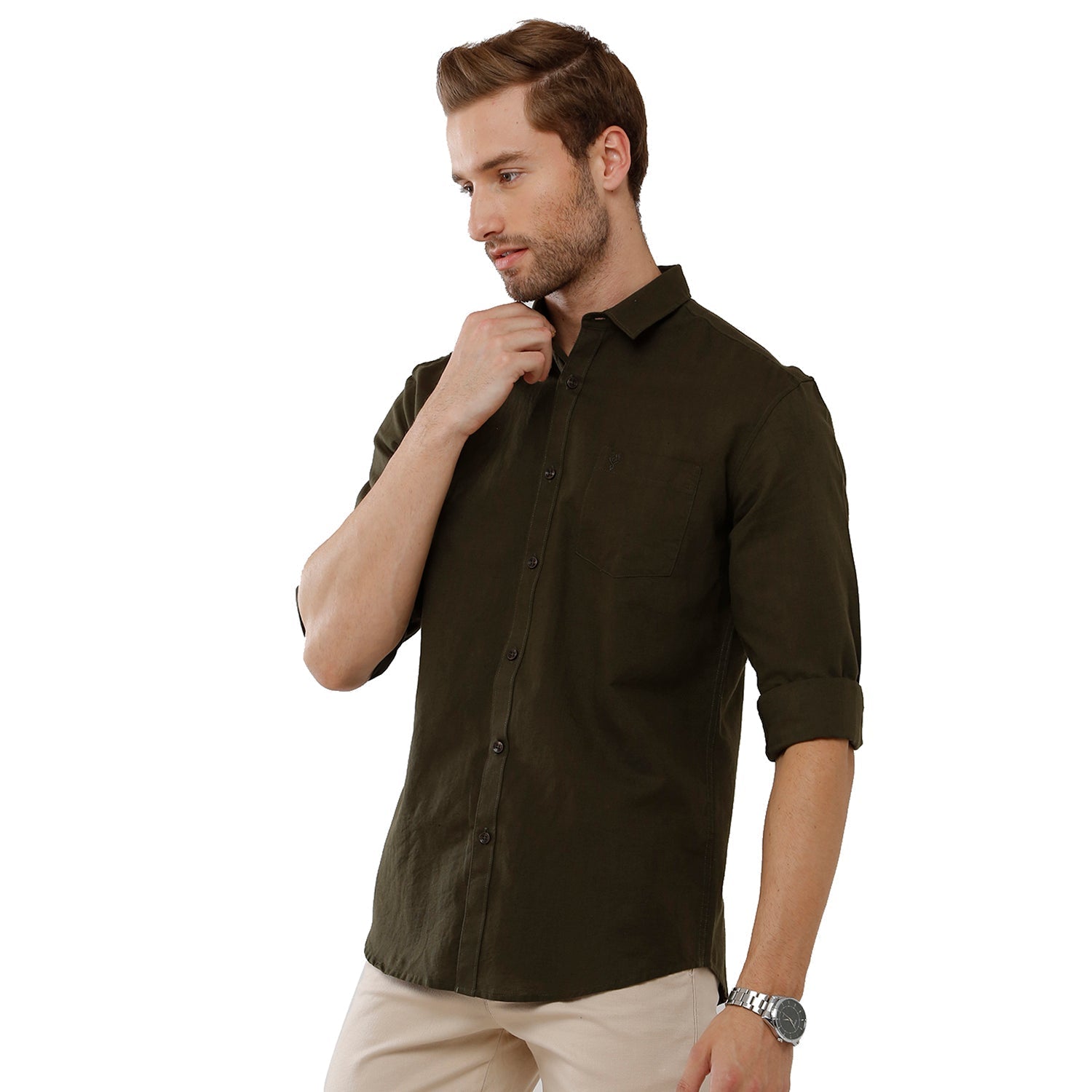 Classic Polo Mens 100% Cotton Solid Milano Fit Olive Green Color Woven Shirt - Mica Olive Shirts Classic Polo 