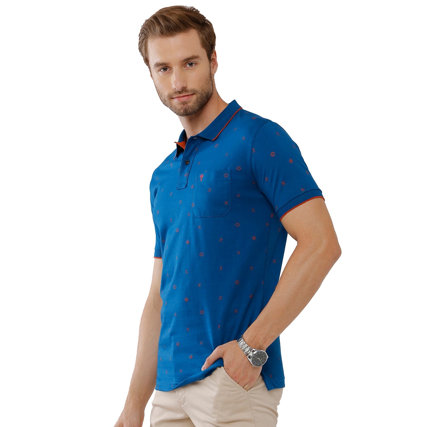 Classic Polo Mens 100% Cotton Printed Slim Fit Azure Blue Color Polo Neck T-Shirt -BELLO 169 A Classic Polo 