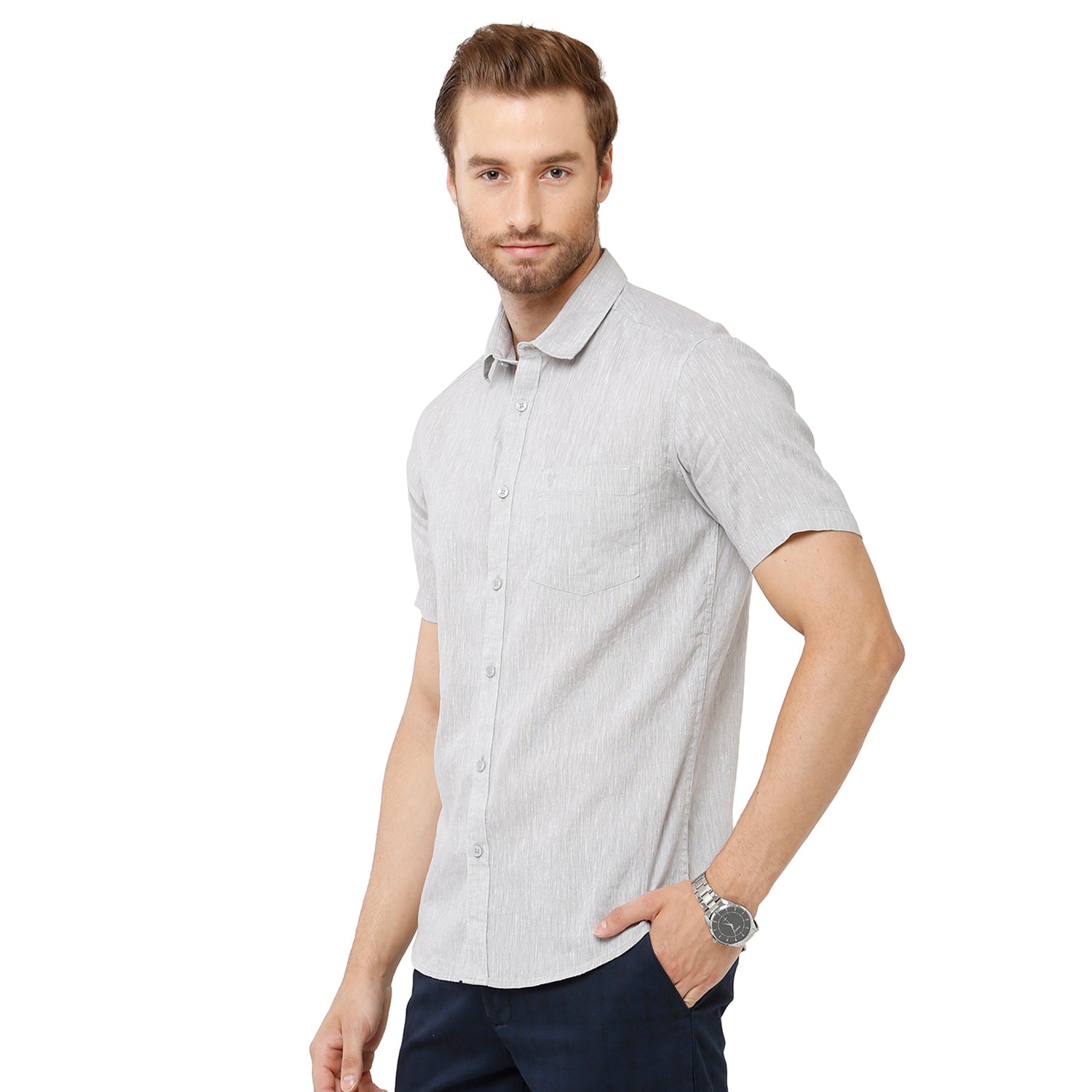 Classic Polo Mens Grey Linen Cotton Woven Shirt - Porsh Grey Shirts Classic Polo 