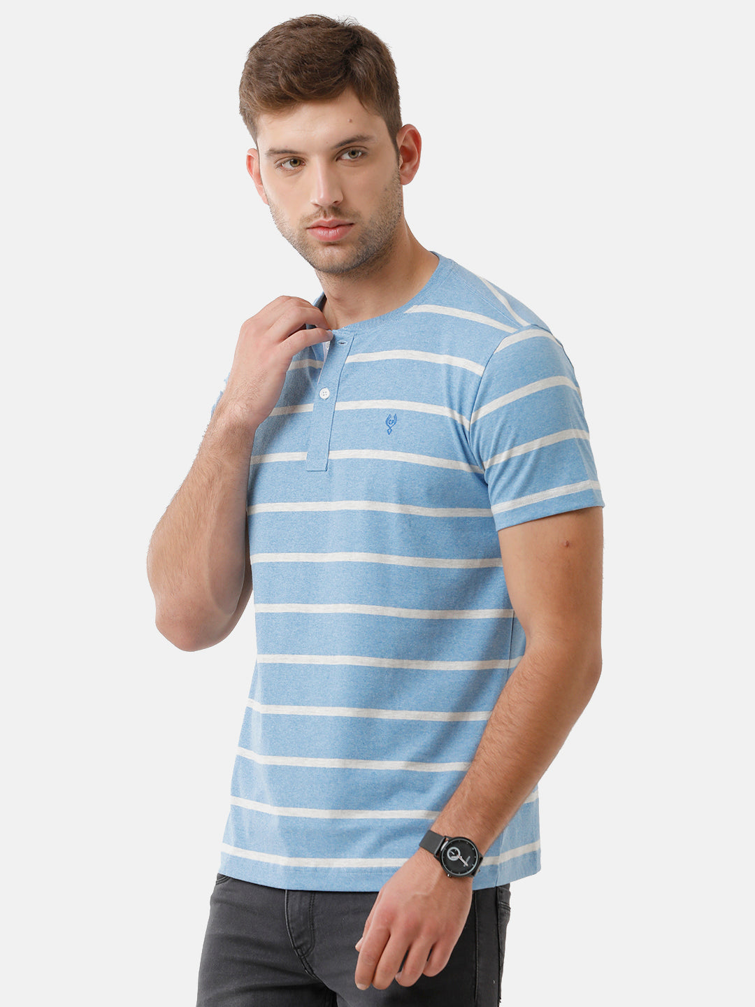 Classic Polo Mens Cotton Striped Half Sleeve Slim Fit Round Neck Sky Blue Color T-Shirt | Baleno 405 B