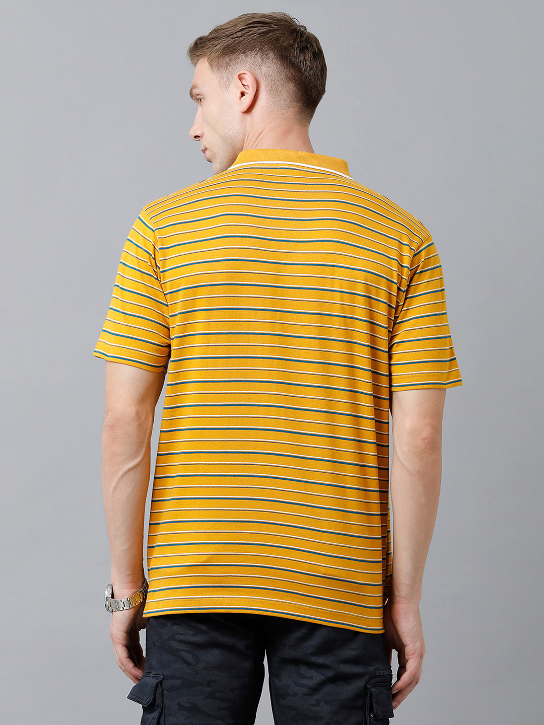 Classic Polo Men's Cotton Half Sleeve Striped Authentic Fit Polo Neck Golden Yellow Color T-Shirt | Feeders - 218 A
