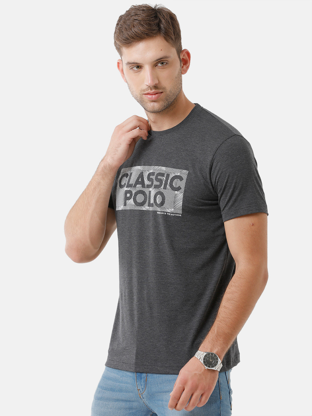 Classic Polo Mens Cotton Printed Half Sleeve Slim Fit Round Neck Black Color T-Shirt | Baleno 485