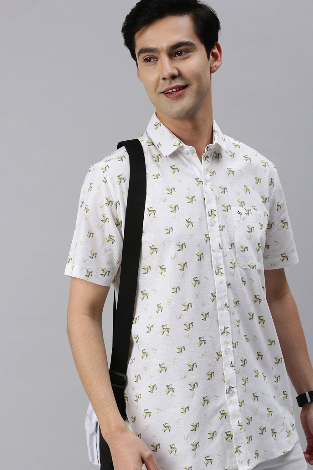 Classic Polo Men's Cotton Half Sleeve Printed Slim Fit Polo Neck White Color Woven Shirt | So1-15 B