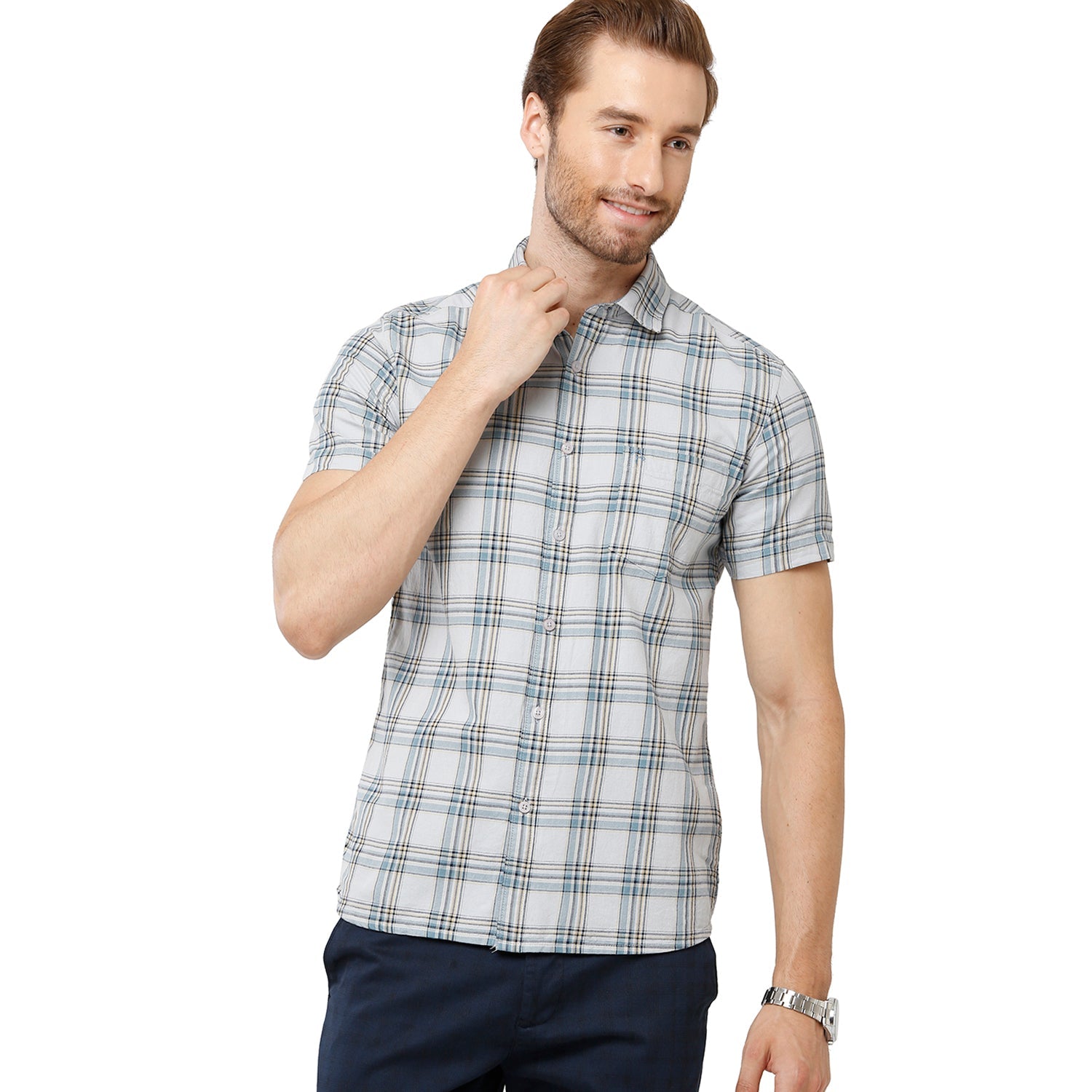 Classic Polo Bro Mens 100% Cotton Checked Half Sleeve Slim Fit Polo Neck Multicolor Woven Shirt (SBN1-55 B-HS-CHK-BSL) Classic Polo 