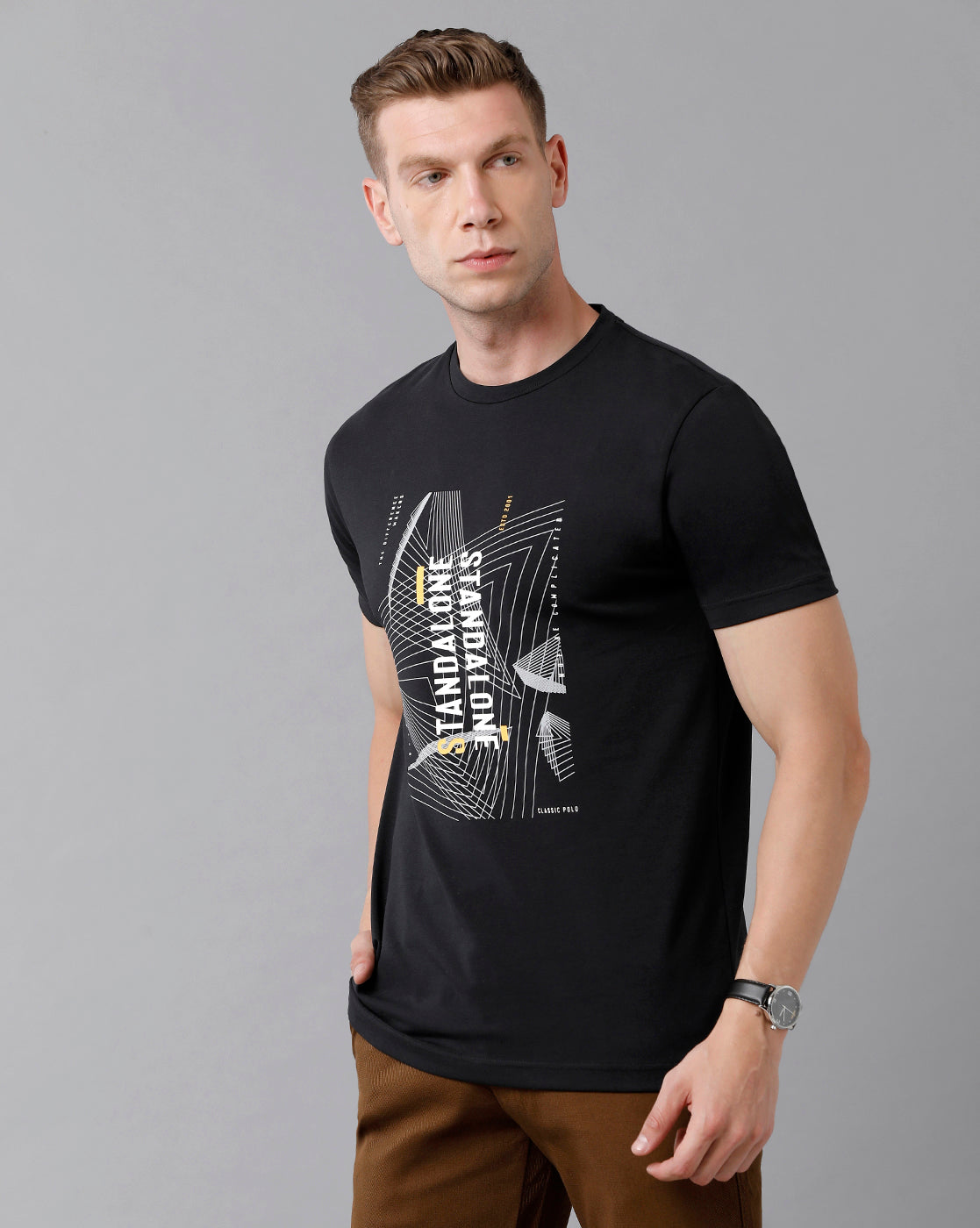 Classic Polo Men's Cotton Printed Half Sleeve Slim Fit Round Neck Black Color T-Shirt | Baleno - 487