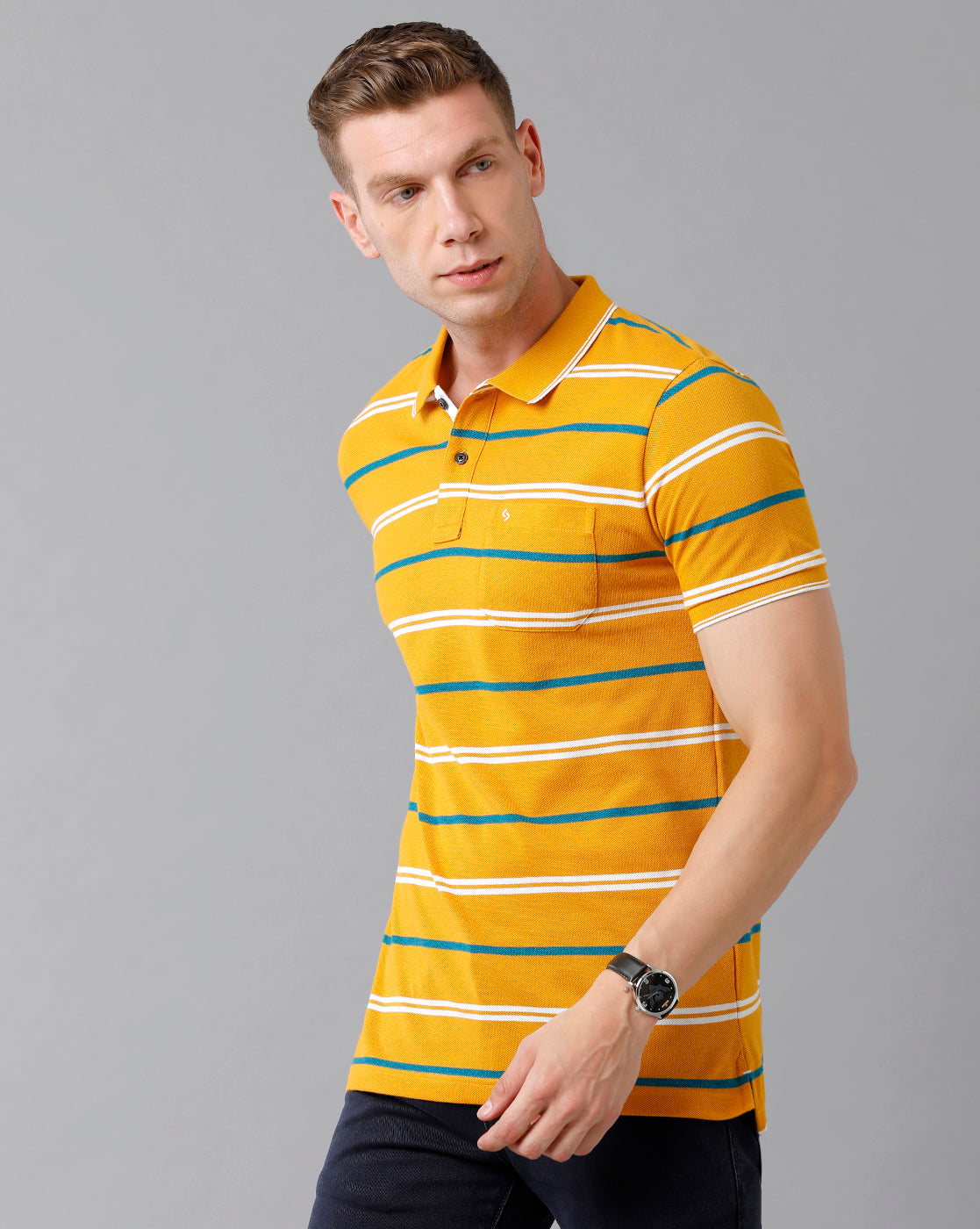 Classic Polo Men's Cotton Blend Striped Half Sleeve Slim Fit Polo Neck Yellow Color T-Shirt | Adore - 177 A