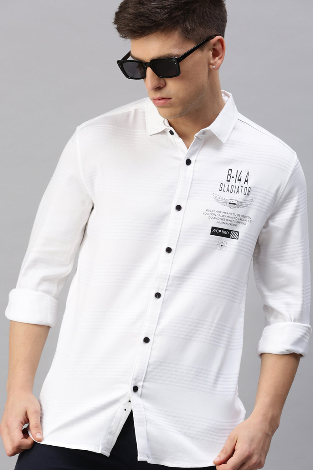 CP BRO Men's Cotton Full Sleeve Striped Slim Fit Polo Neck White Color Woven Shirt | Sbo1-13 A
