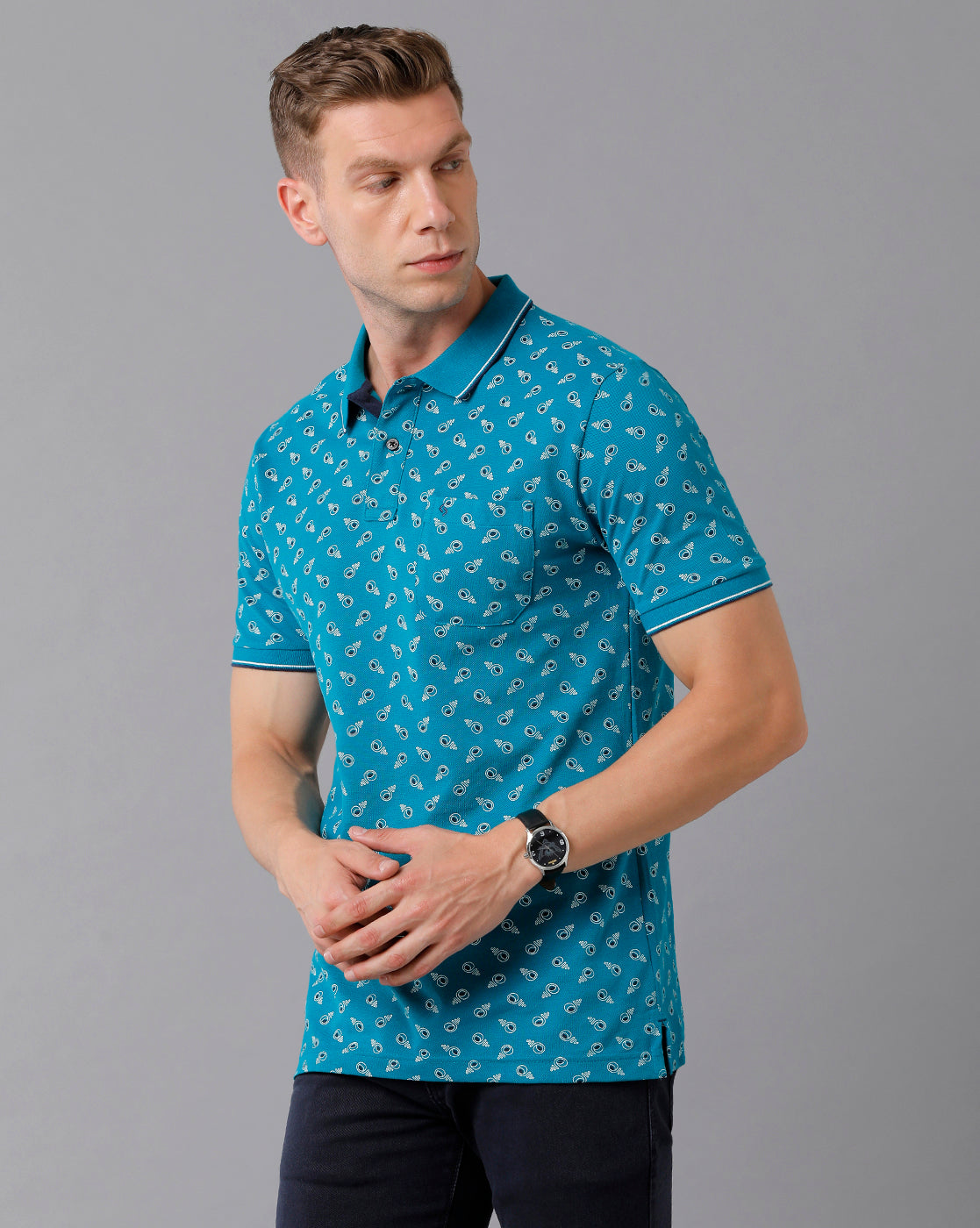 Classic Polo Men's Cotton Printed Half Sleeve Slim Fit Polo Neck Blue Color T-Shirt | Beau - 175 B