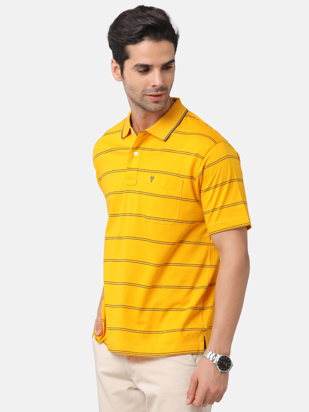 Classic Polo Mens Cotton Striped Authentic Fit Polo Neck Yellow Color T-Shirt | Ap-76a